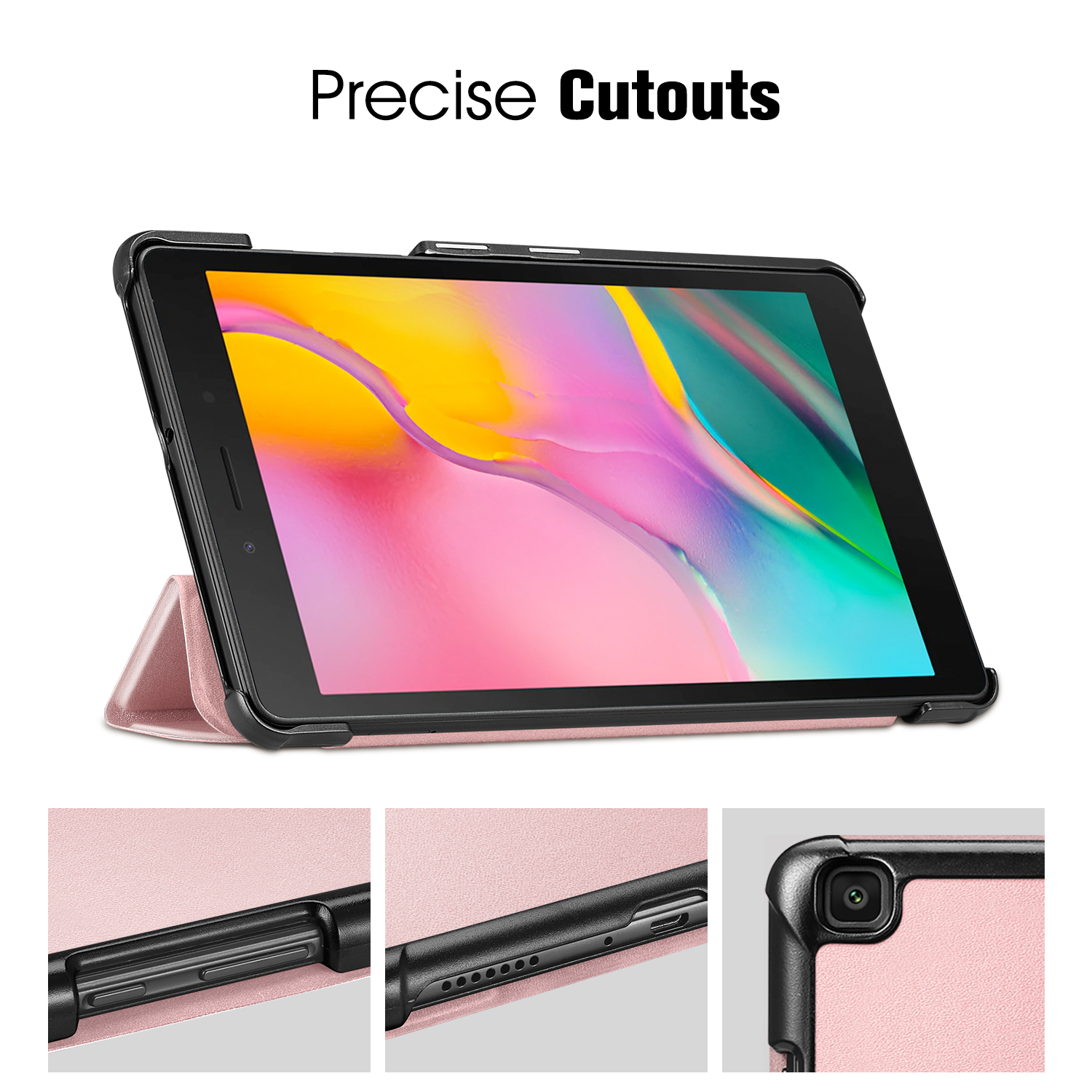 Ein Tablet in einer schwarzen Hülle mit rosa Ständer. Der Text lautet: 'Präzise Aussparungen'. Details zu Ausschnitten werden gezeigt.
