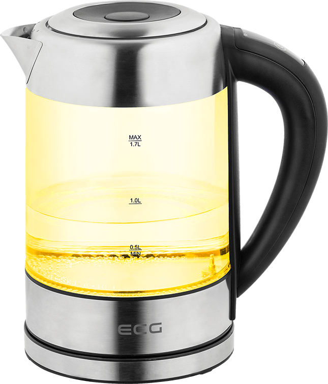 Szklany czajnik elektryczny wypełniony żółtą cieczą. Czajnik ma czarną podstawę.