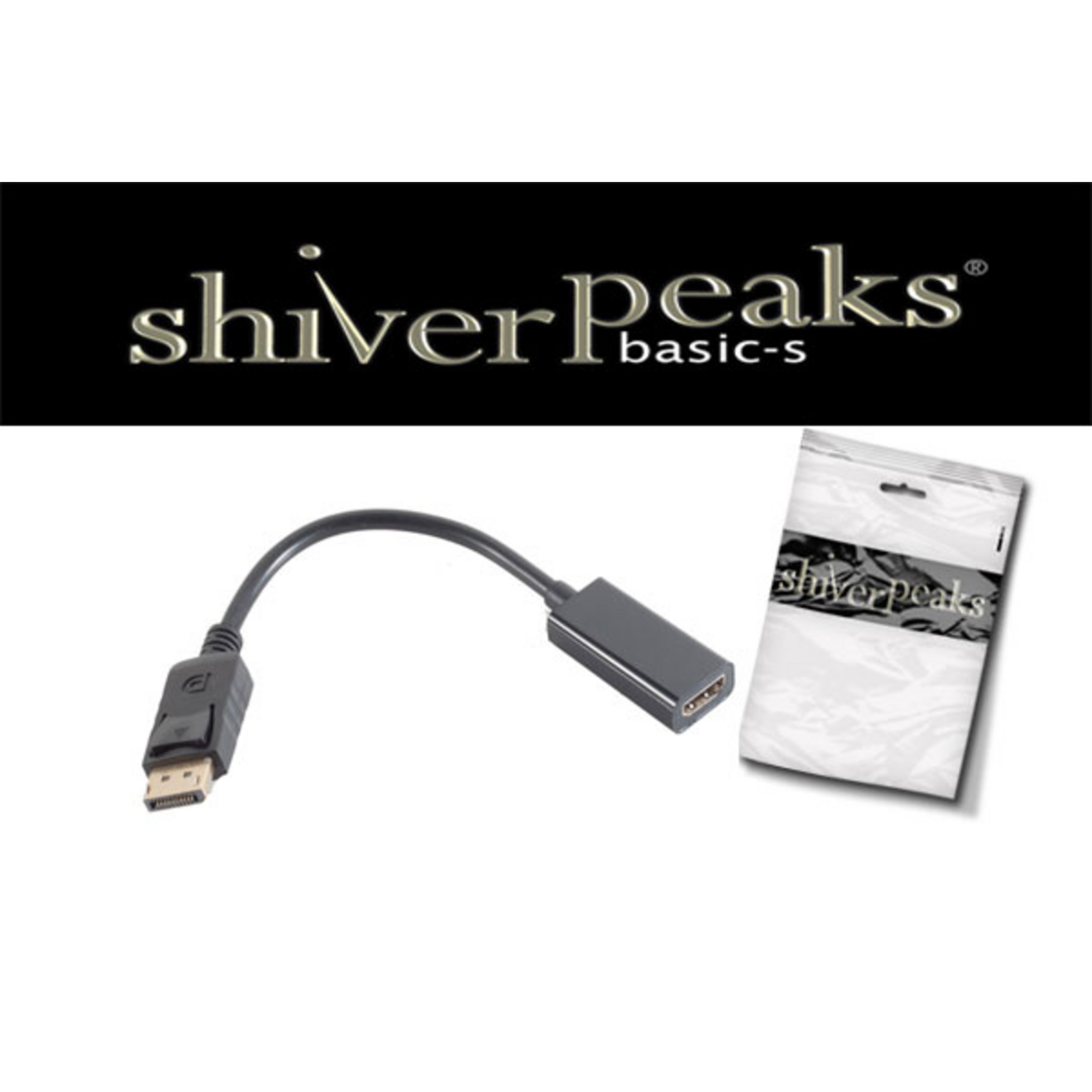 Schwarzer DisplayPort-zu-HDMI-Adapter mit weißem Beutel, schwarzer Hintergrund.