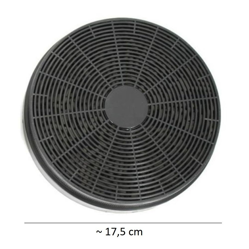 Runder schwarzer Aktivkohlefilter für eine Dunstabzugshaube. Geripptes Design mit schwarzem Mittelkreis.