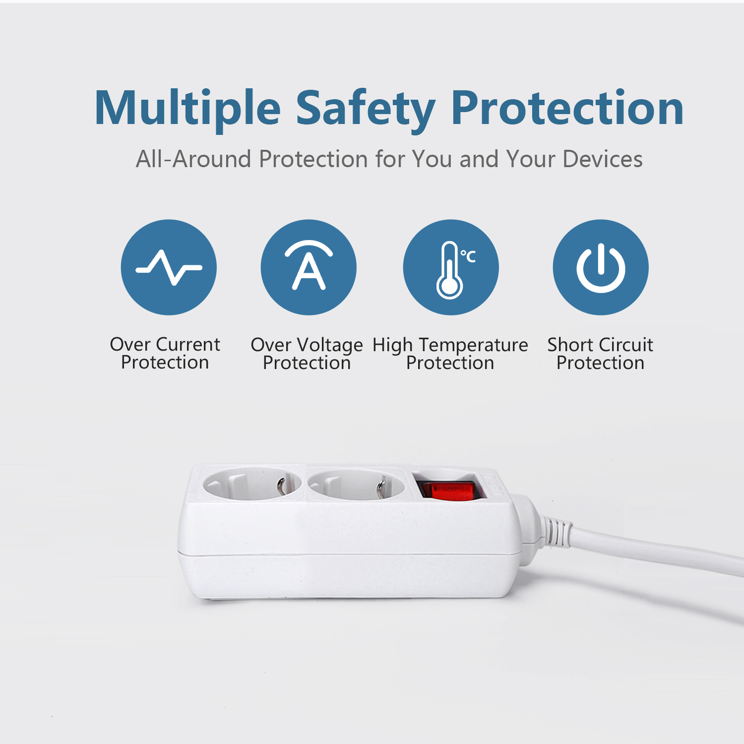 Regleta blanca con cuatro iconos de seguridad. Texto: Sobrecorriente, Sobrevoltaje, Alta temperatura y Protección contra cortocircuitos.