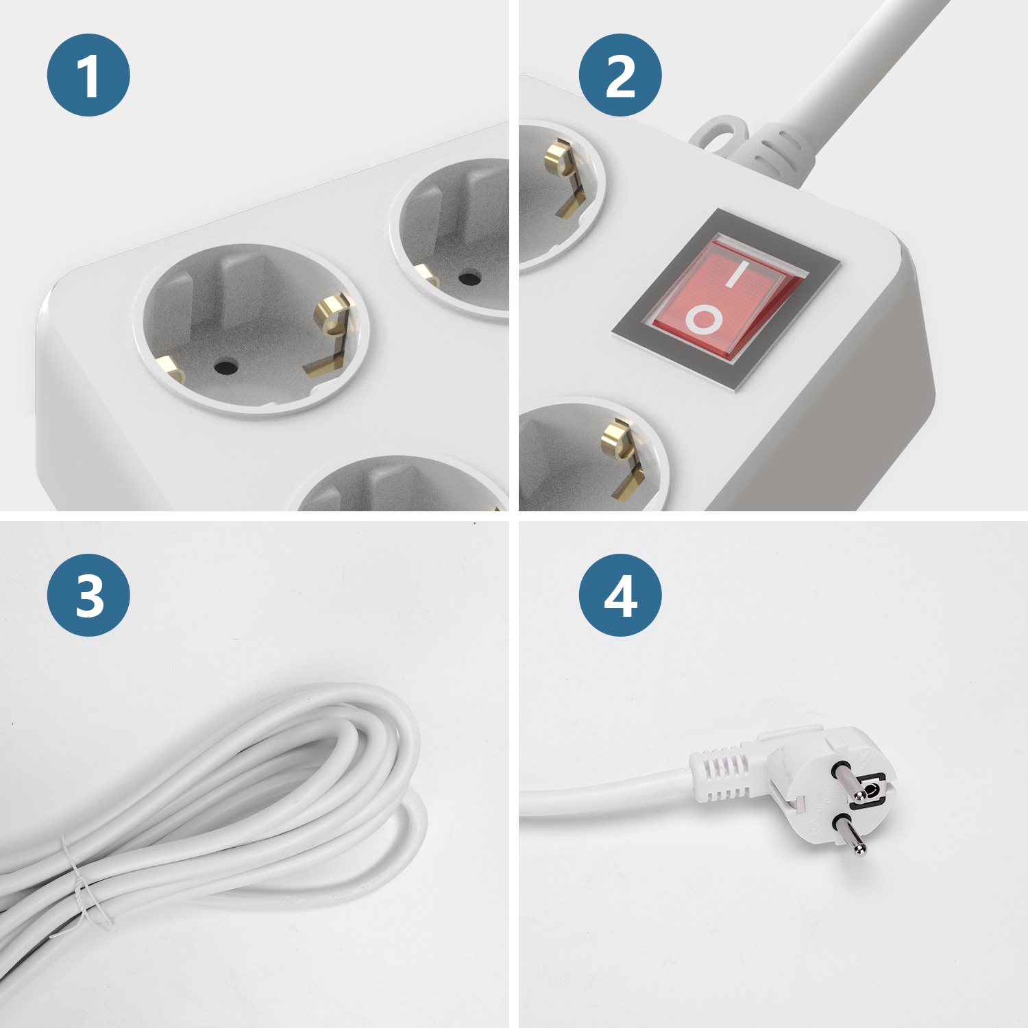 Nahaufnahme einer weißen Steckdosenleiste mit Steckdosen, Schalter, Kabel und Stecker.