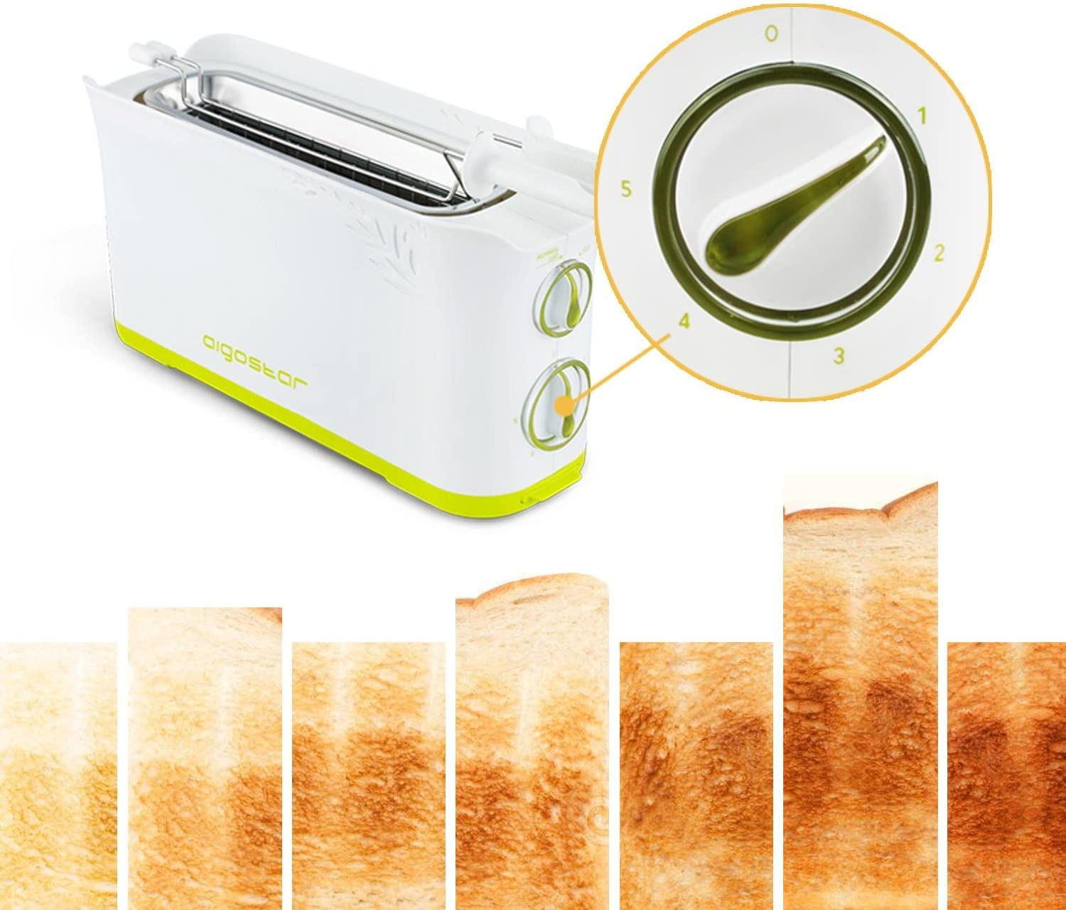 Schlitze: Watt, 30HIN Toaster Morning 2-Scheiben 502003 (750 Weiß 2) Langschlitz Automatik AIGOSTAR