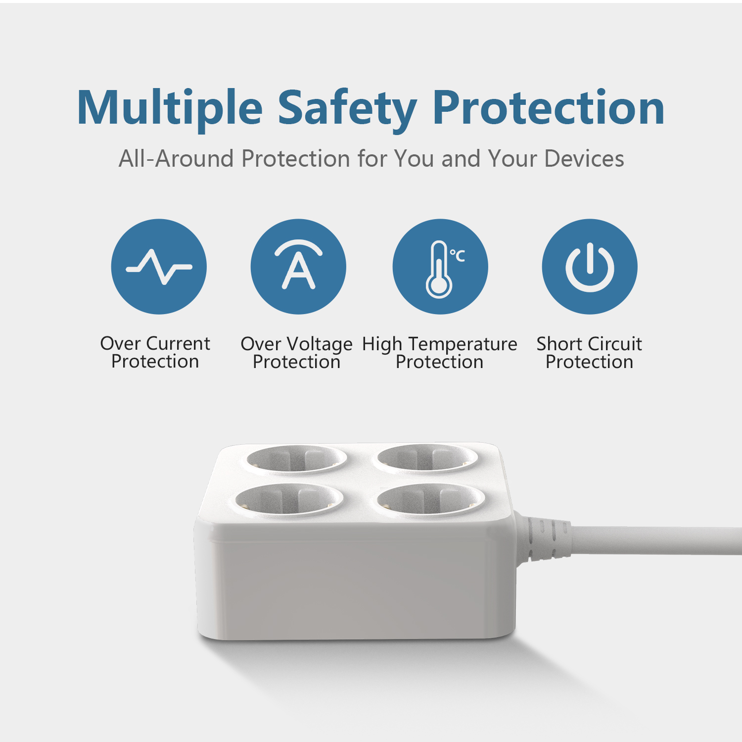 Eine weiße Steckdosenleiste mit vier Steckdosen und Symbolen für den Schutz. Der Text lautet "Multiple Safety Protection". Blauer Hintergrund.
