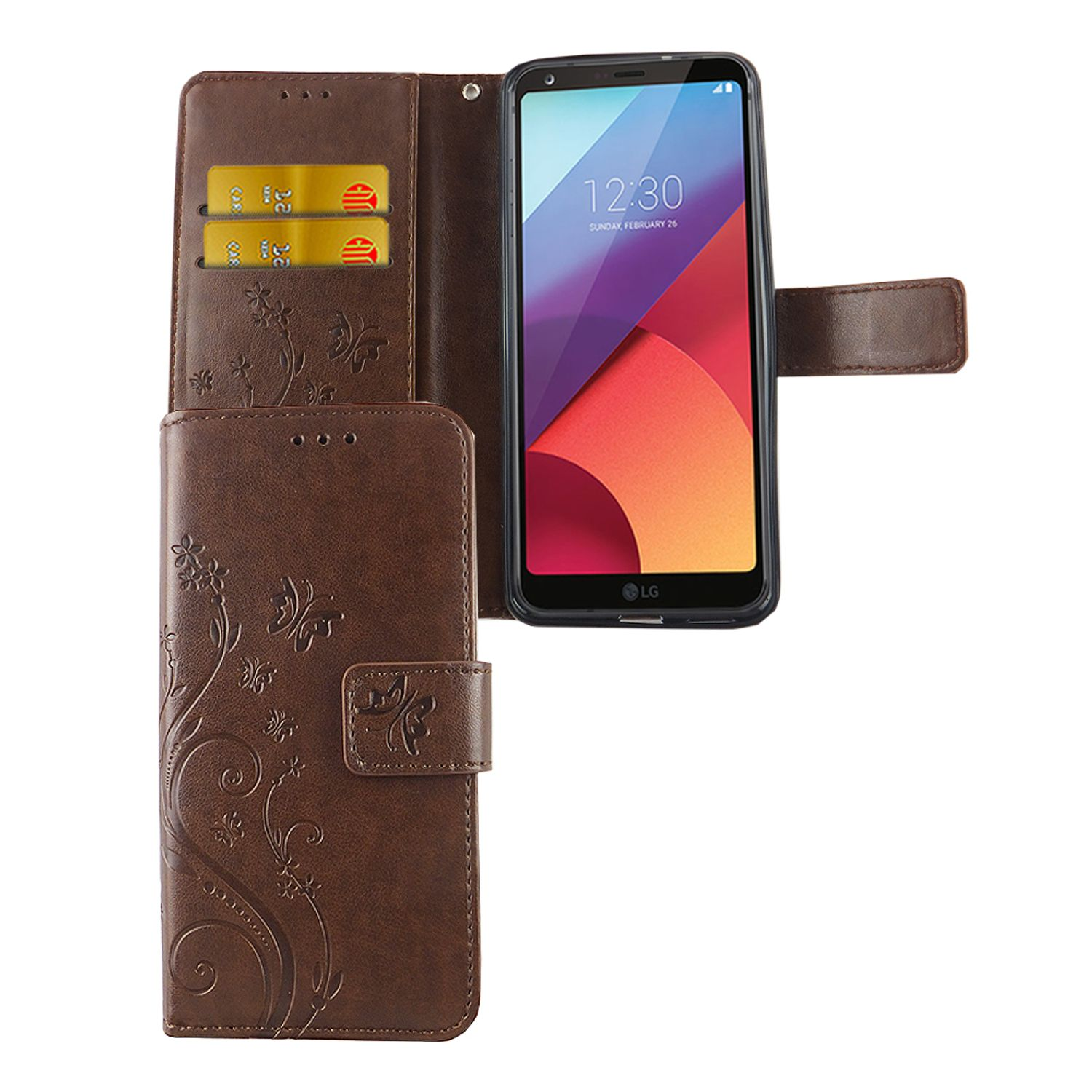 Braune Leder-Handyhülle mit geprägtem Blumendesign, hält Telefon und Karten, vor weißem Hintergrund.