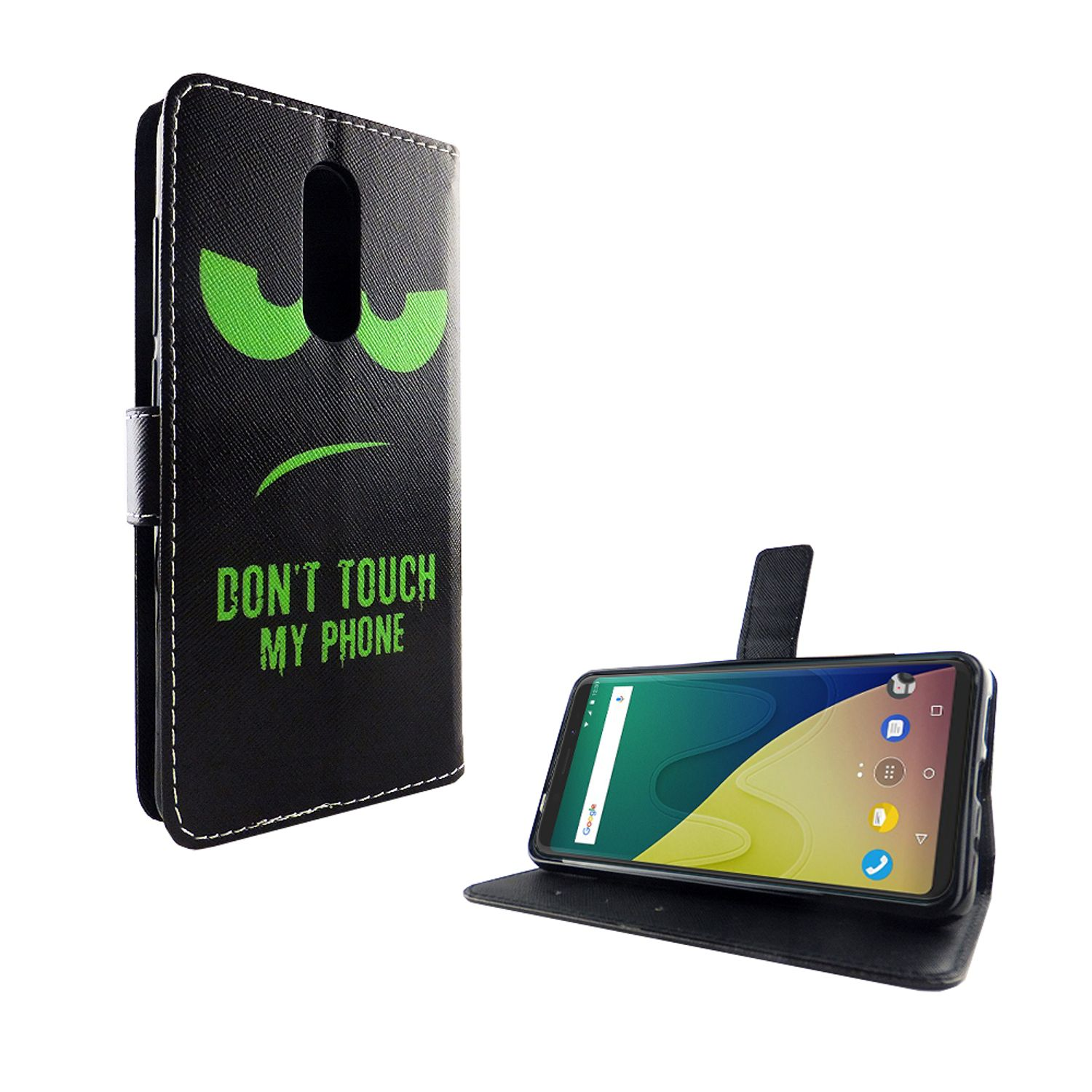 Schwarze Handyhülle mit grünen Augen und dem Text 'DON'T TOUCH MY PHONE.' Das Telefon ist sichtbar.