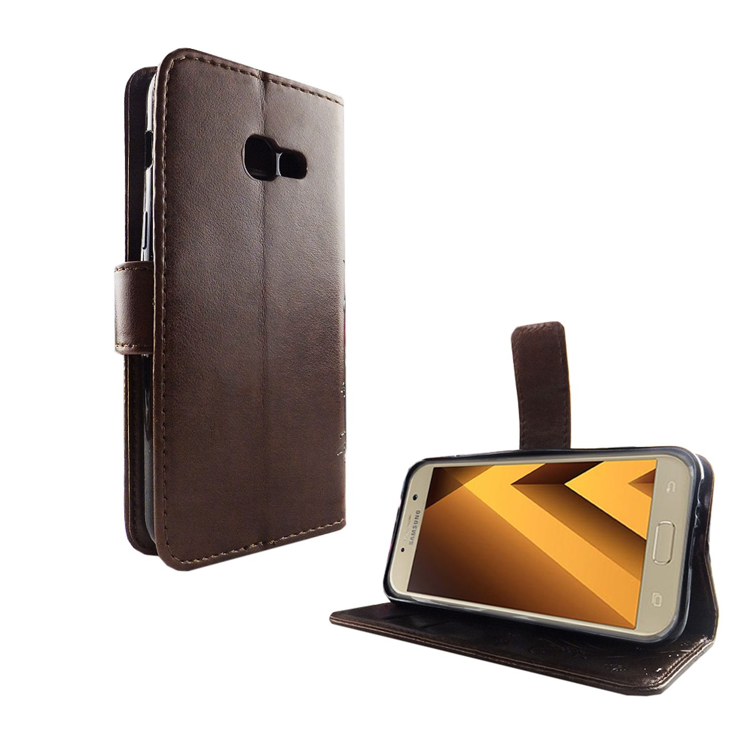 Braune Leder-Handyhülle mit offenem und geschlossenem Telefon, auf weißem Hintergrund.