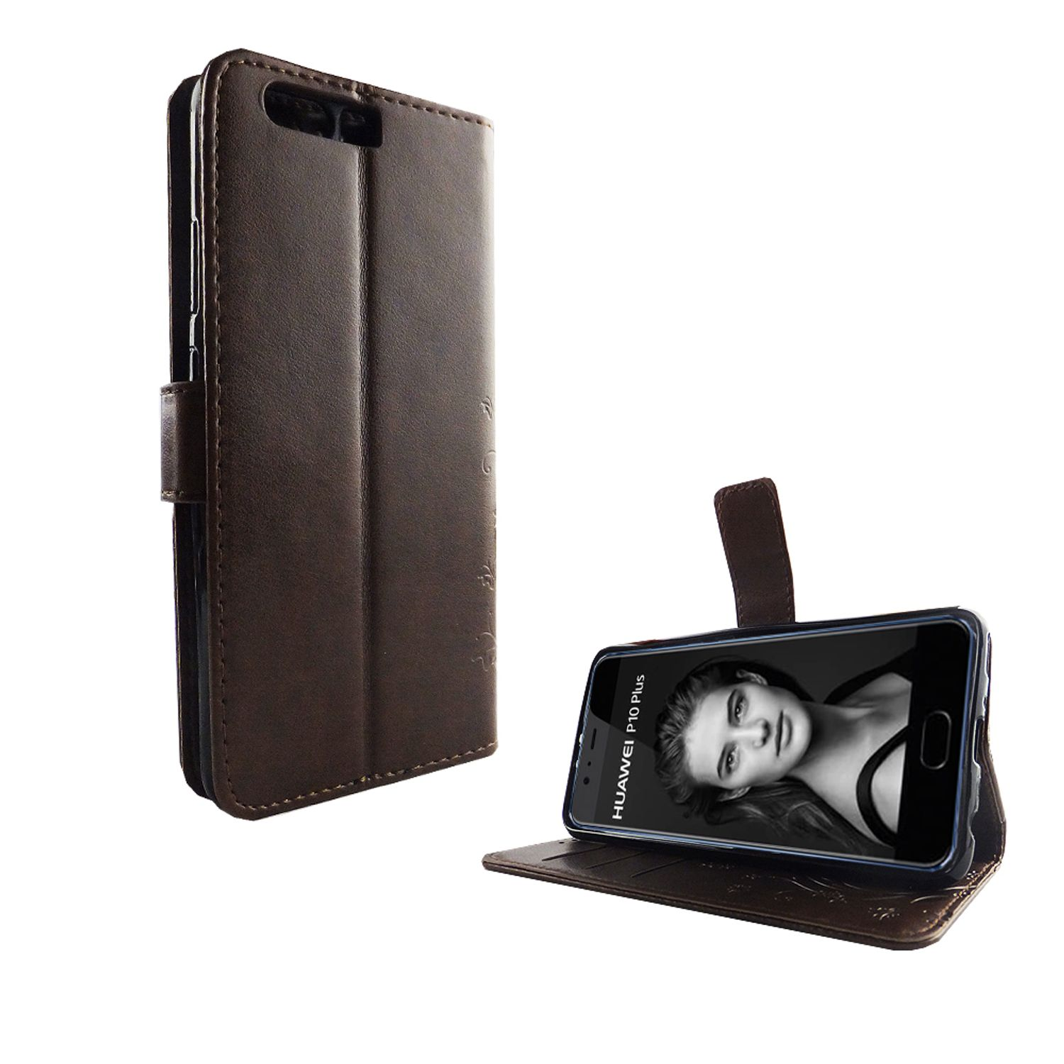 Braune Handyhülle mit Telefon darin. Das Telefon zeigt ein Frauengesicht. Hülle ist offen und steht.