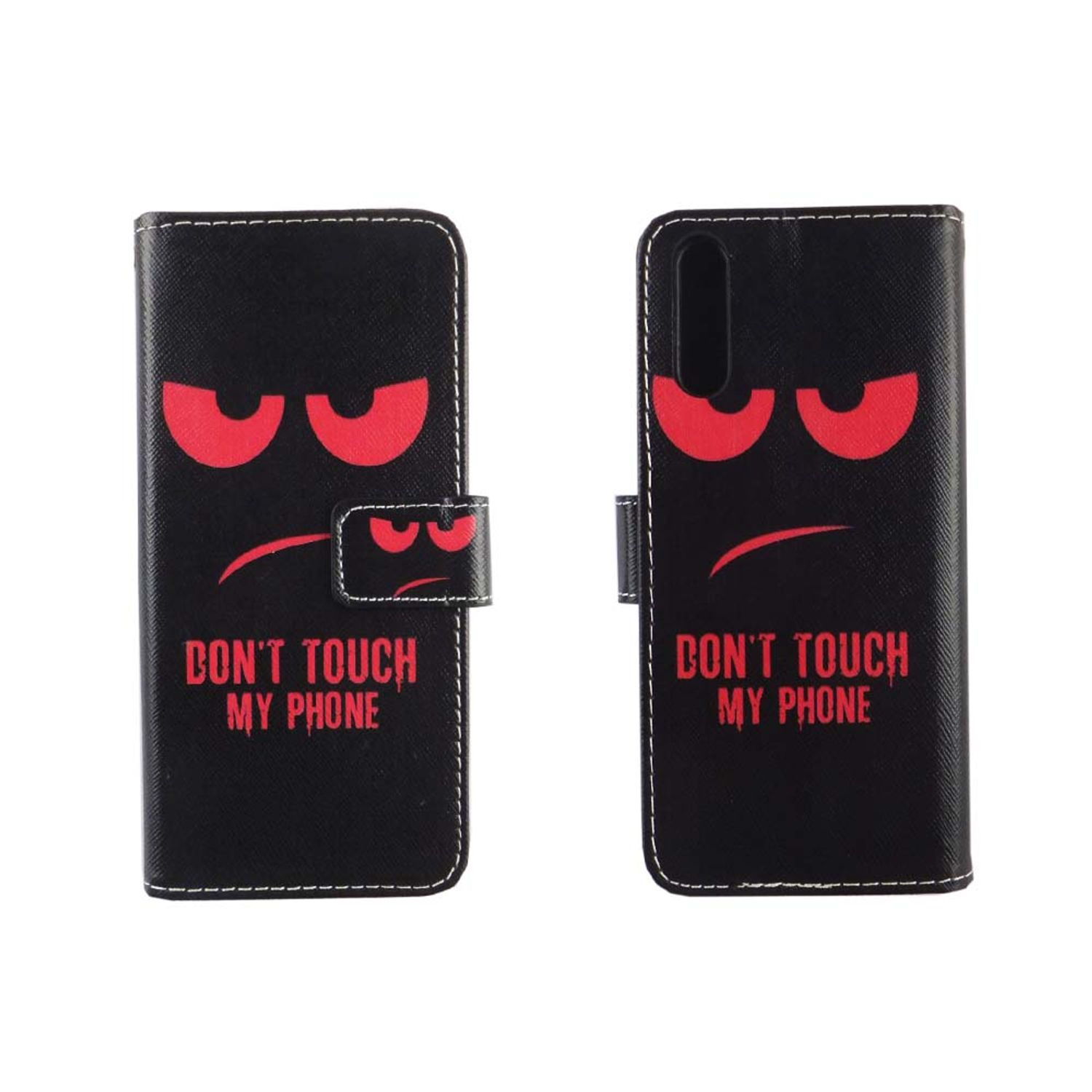 Schwarze Handyhülle mit einem roten wütenden Gesicht. Der Text lautet: "DON'T TOUCH MY PHONE". Weißer Hintergrund.