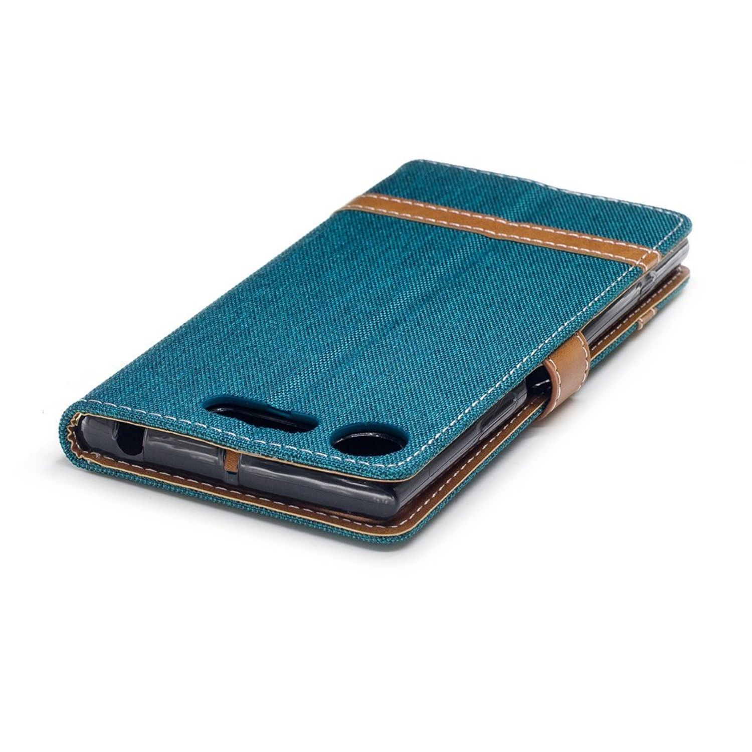 Eine teal-farbene Handyhülle mit braunen Akzenten. Sie ist geschlossen und zeigt ein Telefon im Inneren.