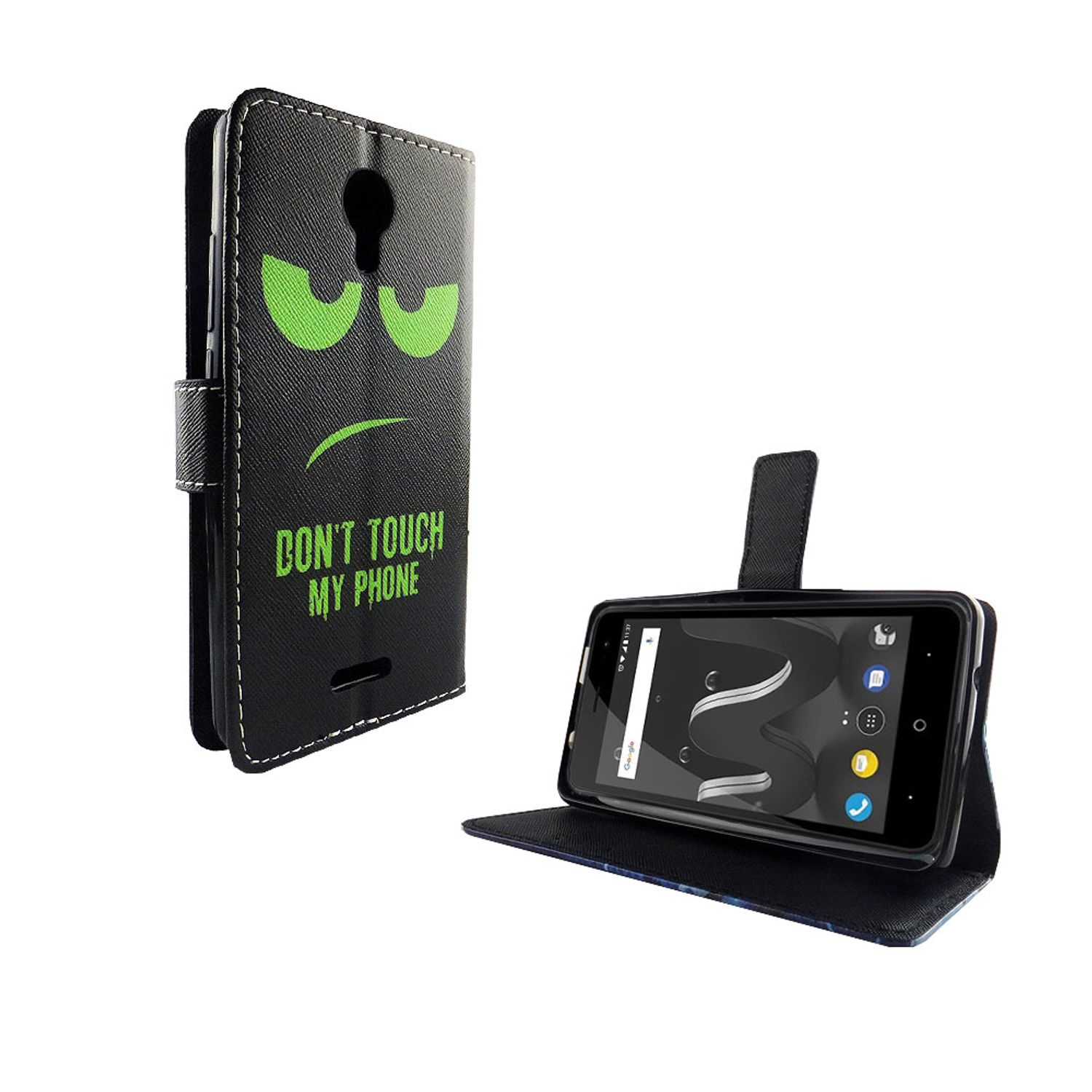 Ein Telefon in einer schwarzen Hülle mit einem grimmigen Gesicht und dem Text: "DON'T TOUCH MY PHONE".