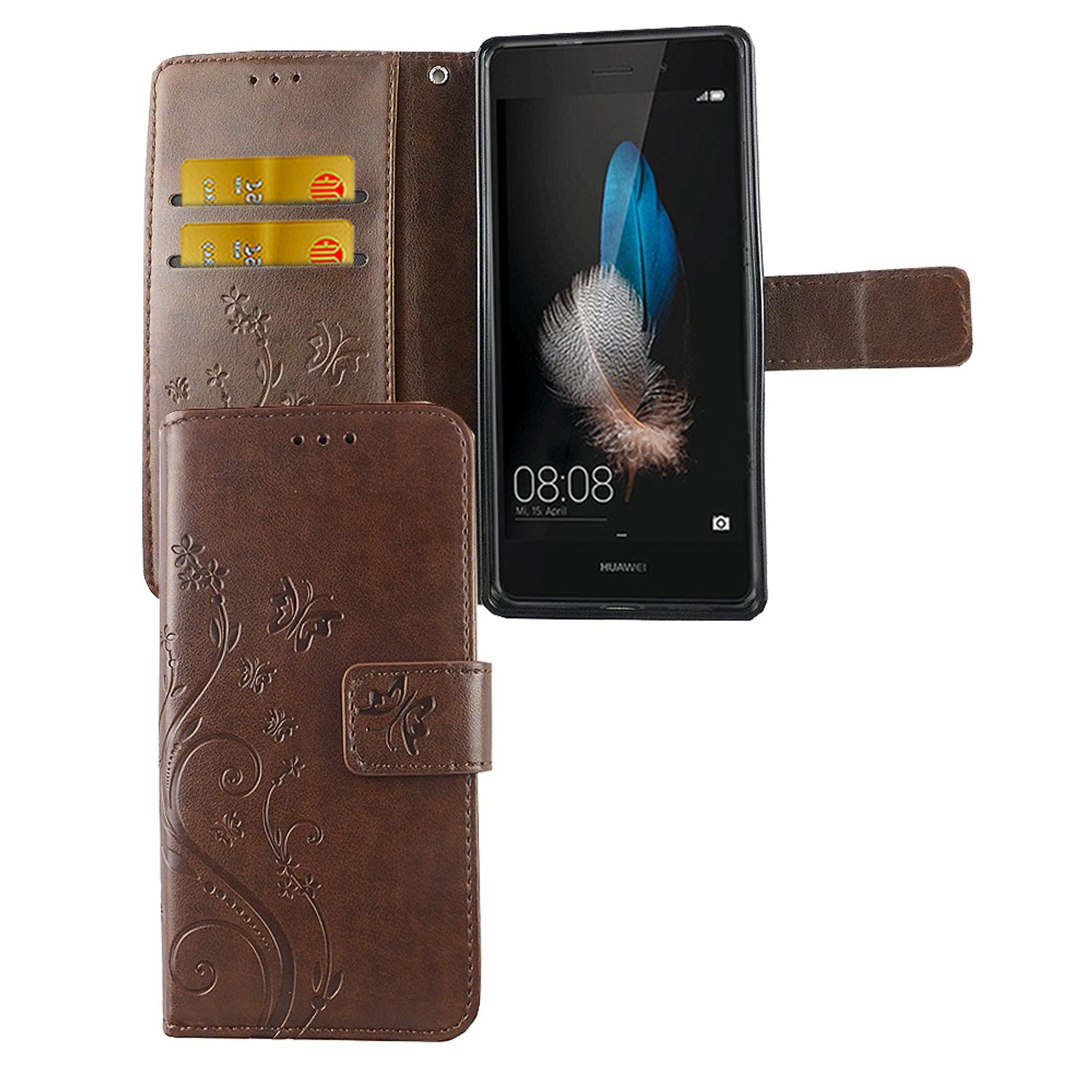 Eine braune Handyhülle mit Telefon, Schmetterlingen und Kartenfächern. Die Hülle ist offen.