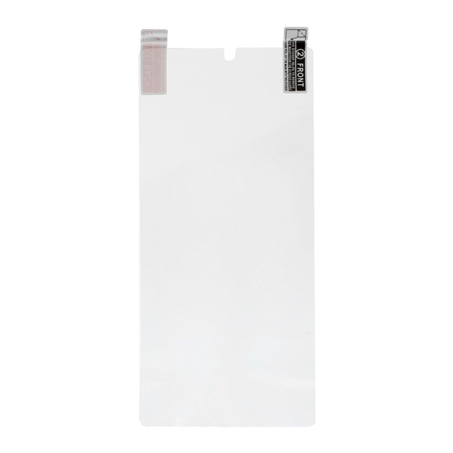 Ein klarer Displayschutz für ein Telefon. Es hat zwei Etiketten und ist transparent.