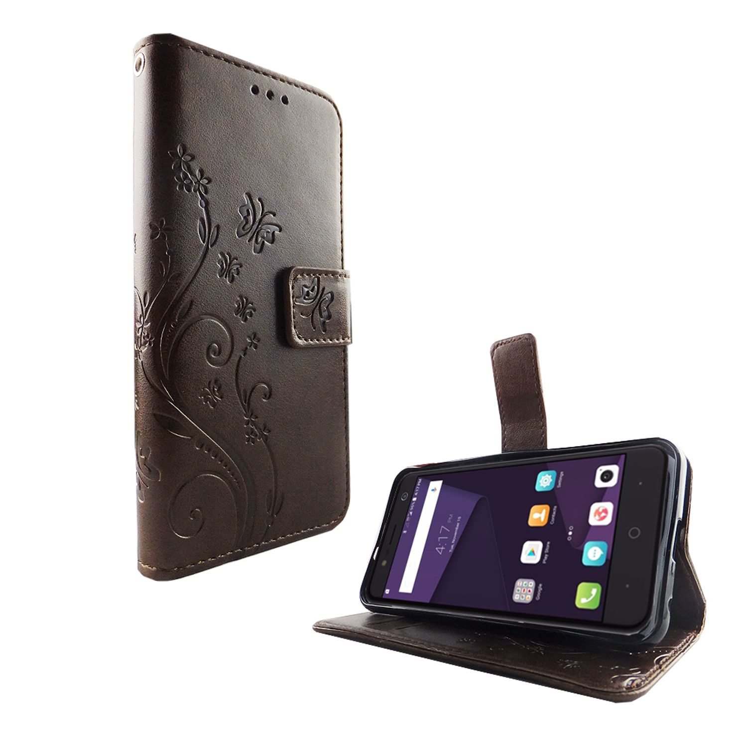 Braune Handyhülle mit Blumendesign, offen mit Telefon darin, auf weißem Hintergrund.