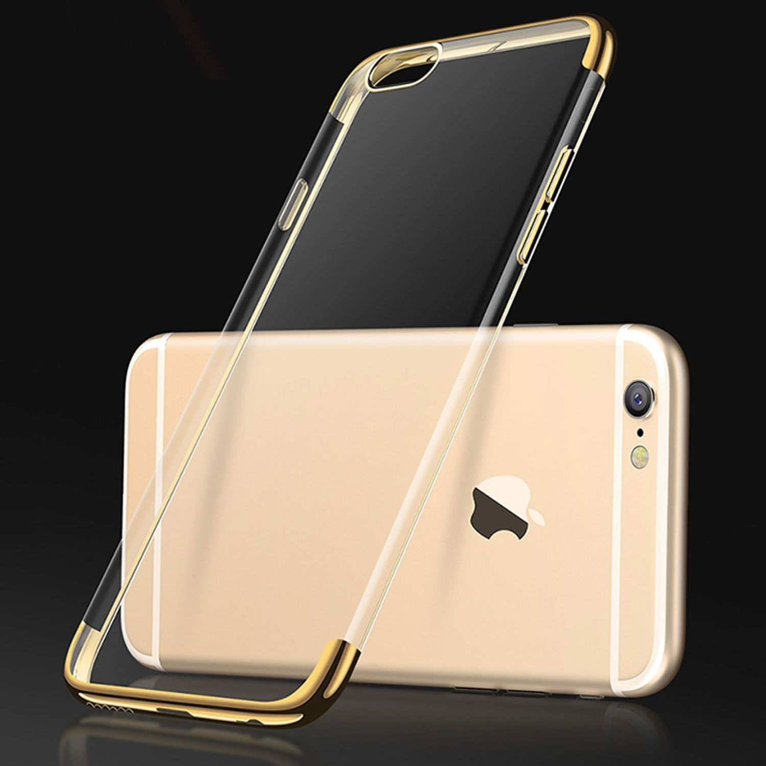 Goldenes iPhone mit klarer und goldener Hülle. Das Telefon liegt auf schwarzem Untergrund. Die Hülle ist angewinkelt.