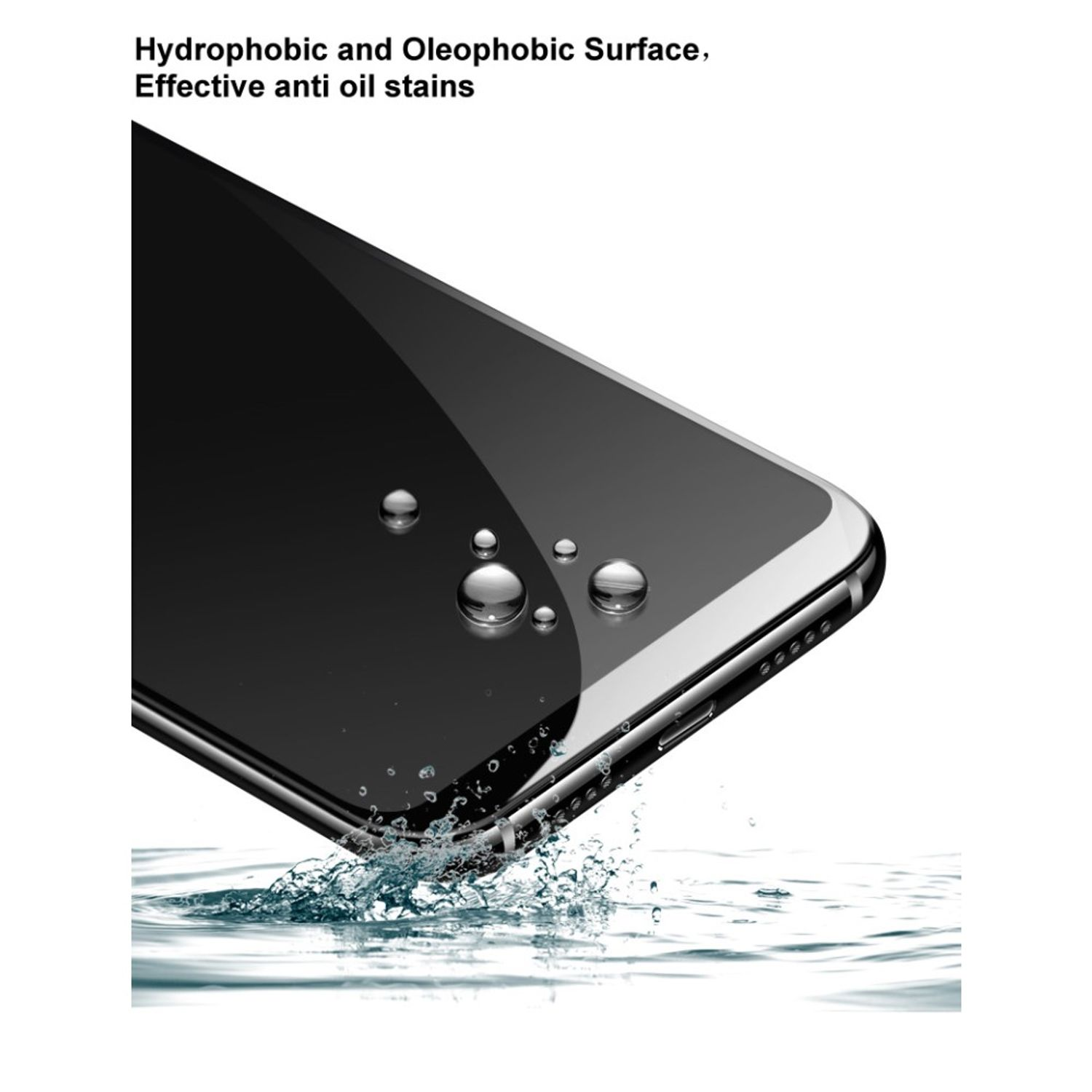 Ein Telefonbildschirm mit Wassertropfen, der Text erwähnt 'Hydrophobe und oleophobe Oberfläche'.