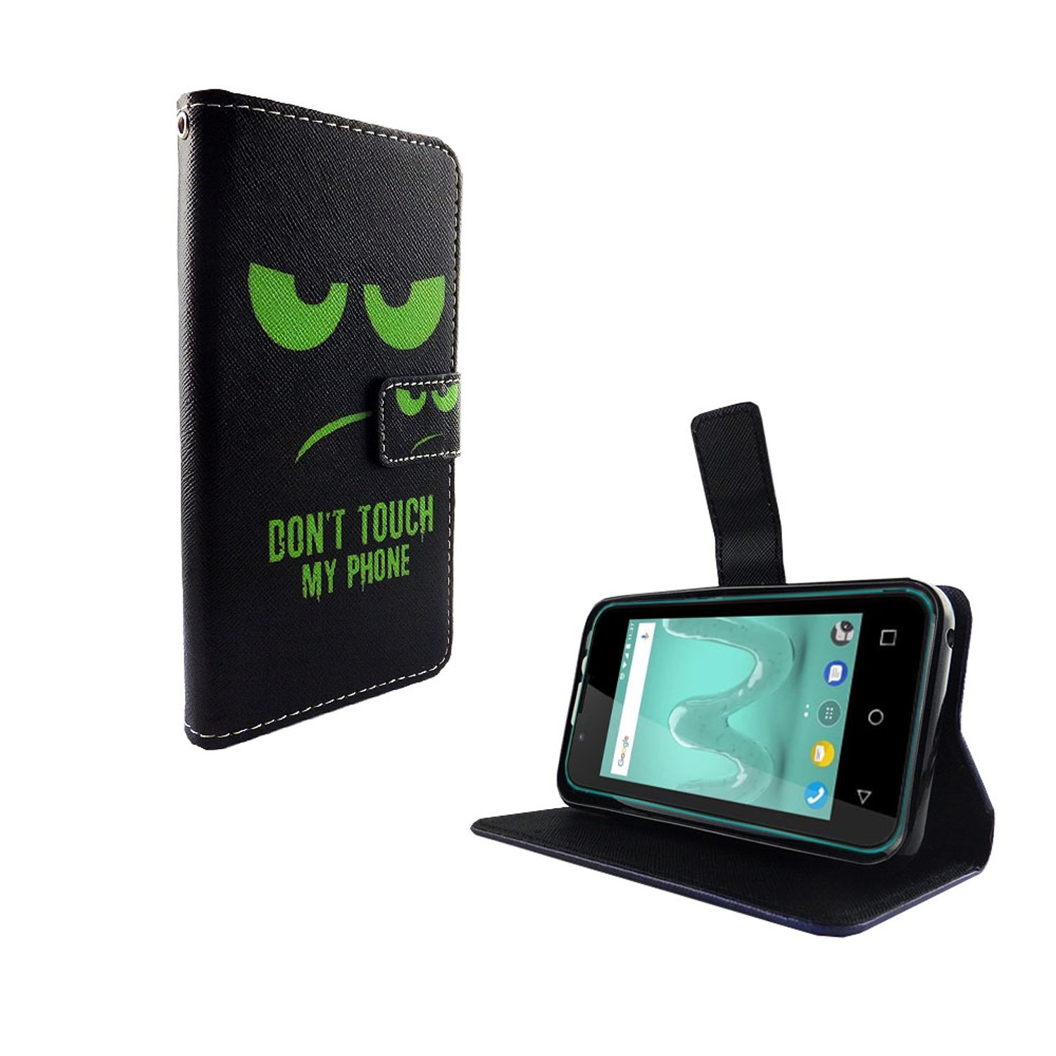 Schwarzes Telefon in einer schwarzen Hülle mit grimmigem Gesicht und Text.