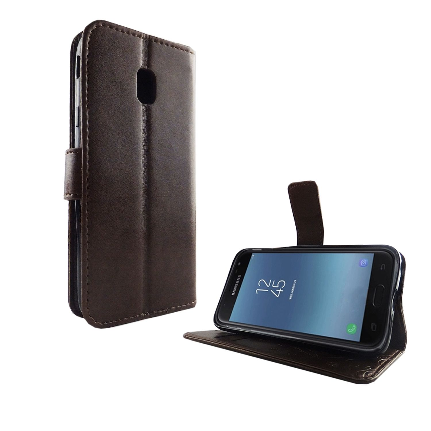 Geöffnete braune Leder-Handyhülle. Telefon ist im Inneren. Schwarzer Bildschirm zeigt 12:45.