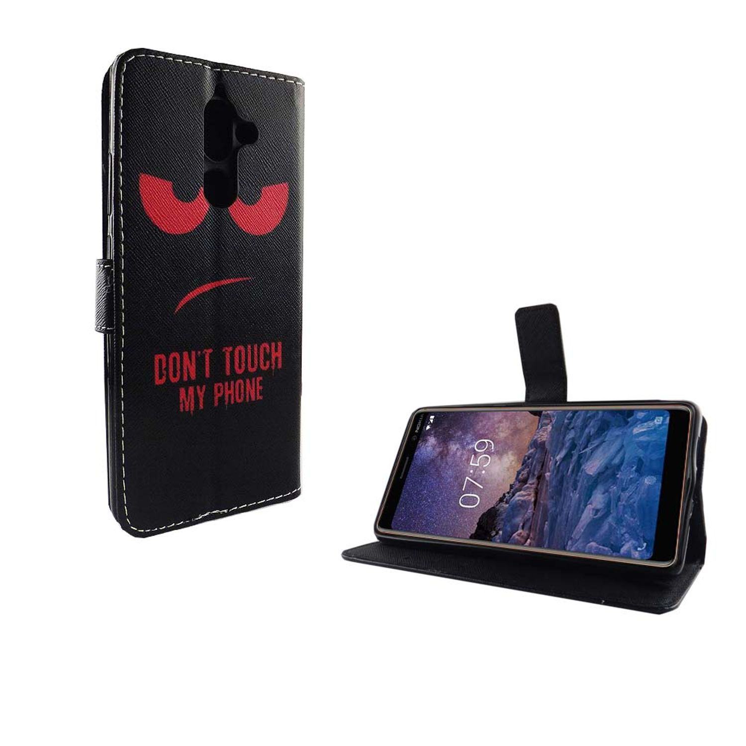Schwarze Handyhülle mit rotem, wütendem Gesicht und 'DON'T TOUCH MY PHONE'. Telefon ist geöffnet, Bildschirm sichtbar.