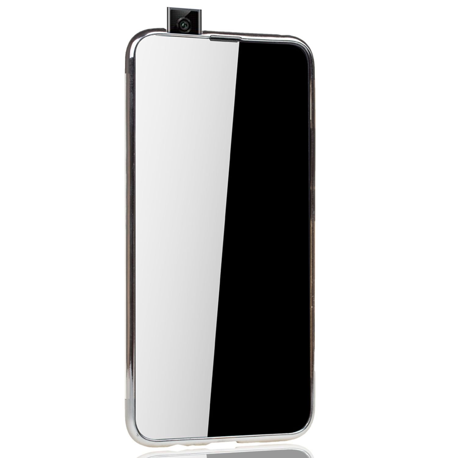 Smartphone mit oben ausklappbarer Kamera. Der Bildschirm ist schwarz.