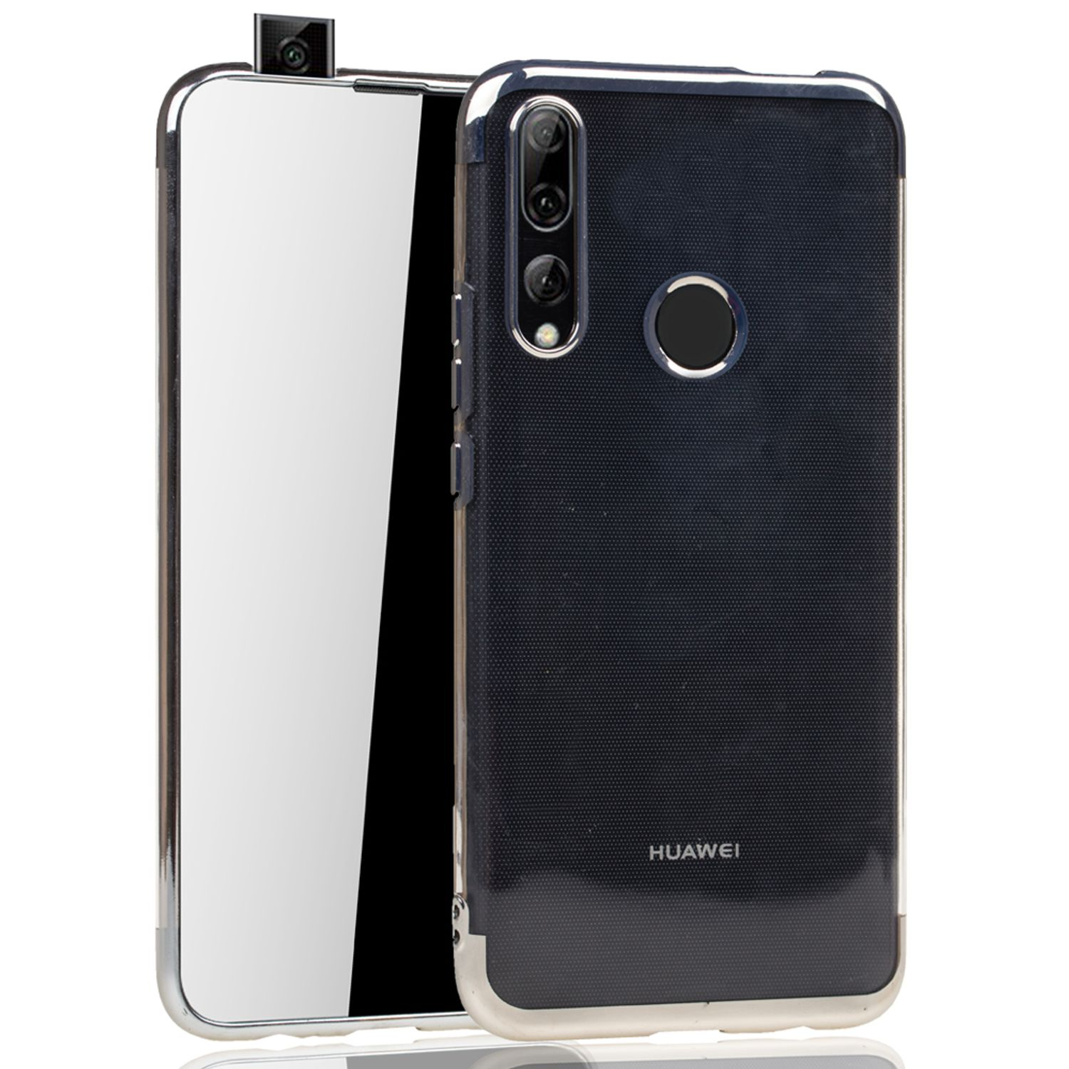 Telefon in klarer Hülle. Die Marke ist HUAWEI. Der Bildschirm ist sichtbar.