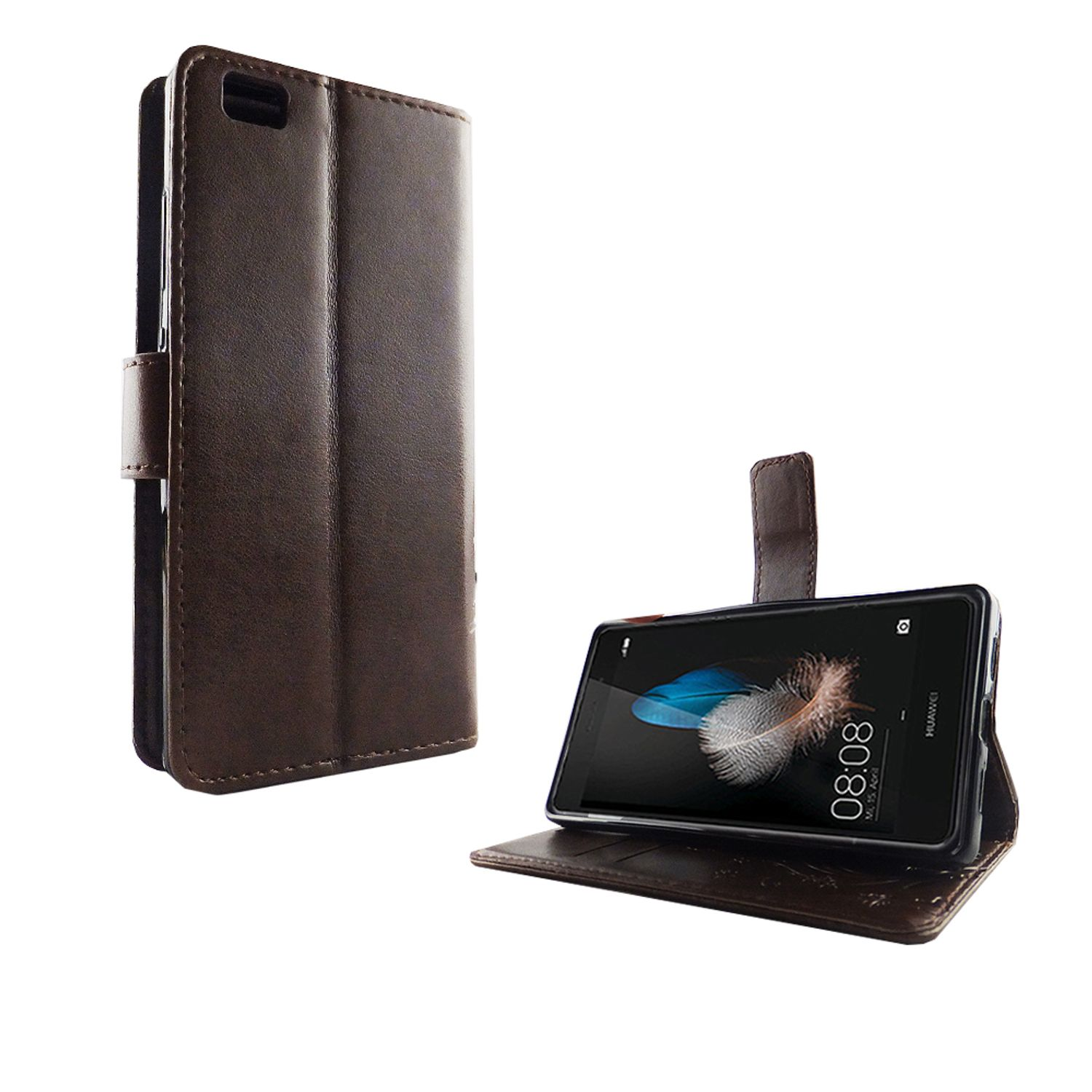 Eine braune Leder-Handyhülle mit einem Telefon in offener Position. Das Telefon zeigt einen Bildschirm.