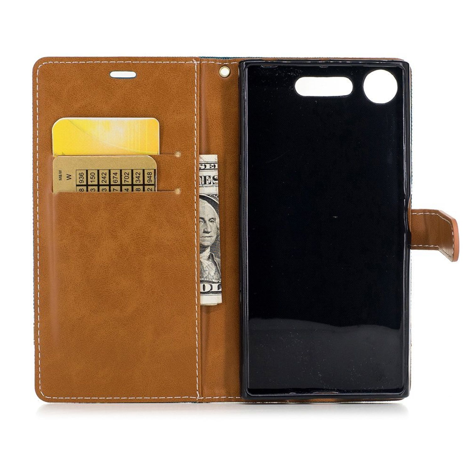 Geöffnete braune Leder-Handyhülle. Hält ein Telefon, Karten und Bargeld.