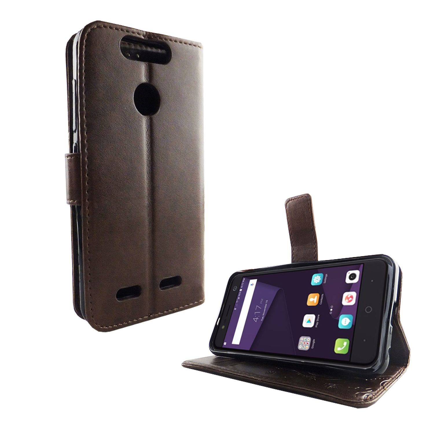 Eine braune Handyhülle mit einem Telefon darin. Das Telefon zeigt einen Startbildschirm an.