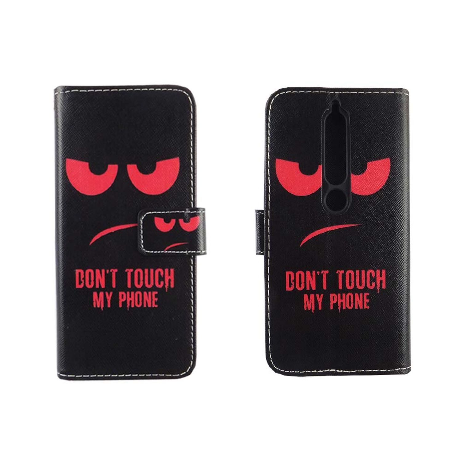 Schwarze Handyhülle mit rotem wütenden Gesicht und Text: 'DON'T TOUCH MY PHONE'.