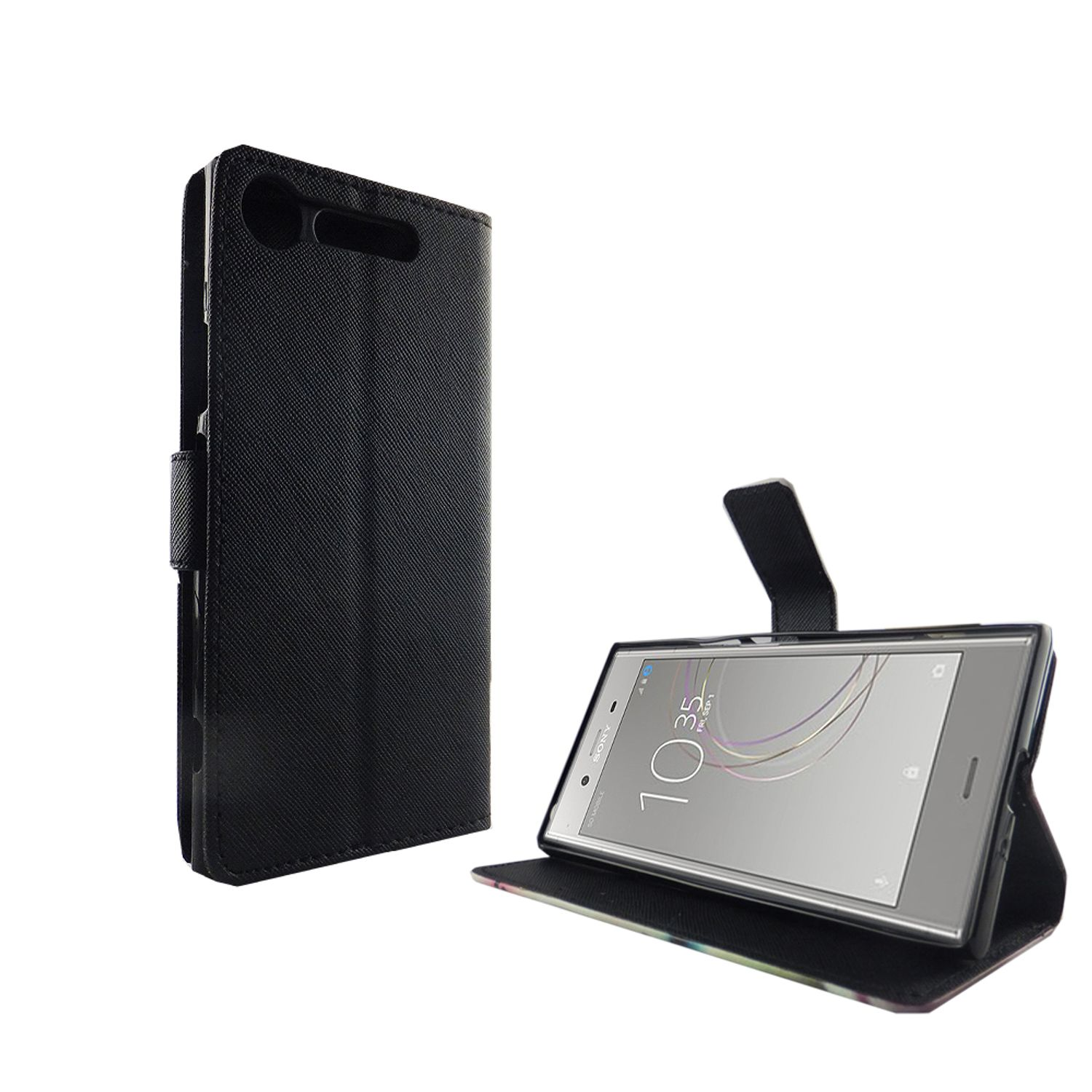 Schwarze Handyhülle mit geöffnetem Handy. Der Bildschirm zeigt die Uhrzeit.