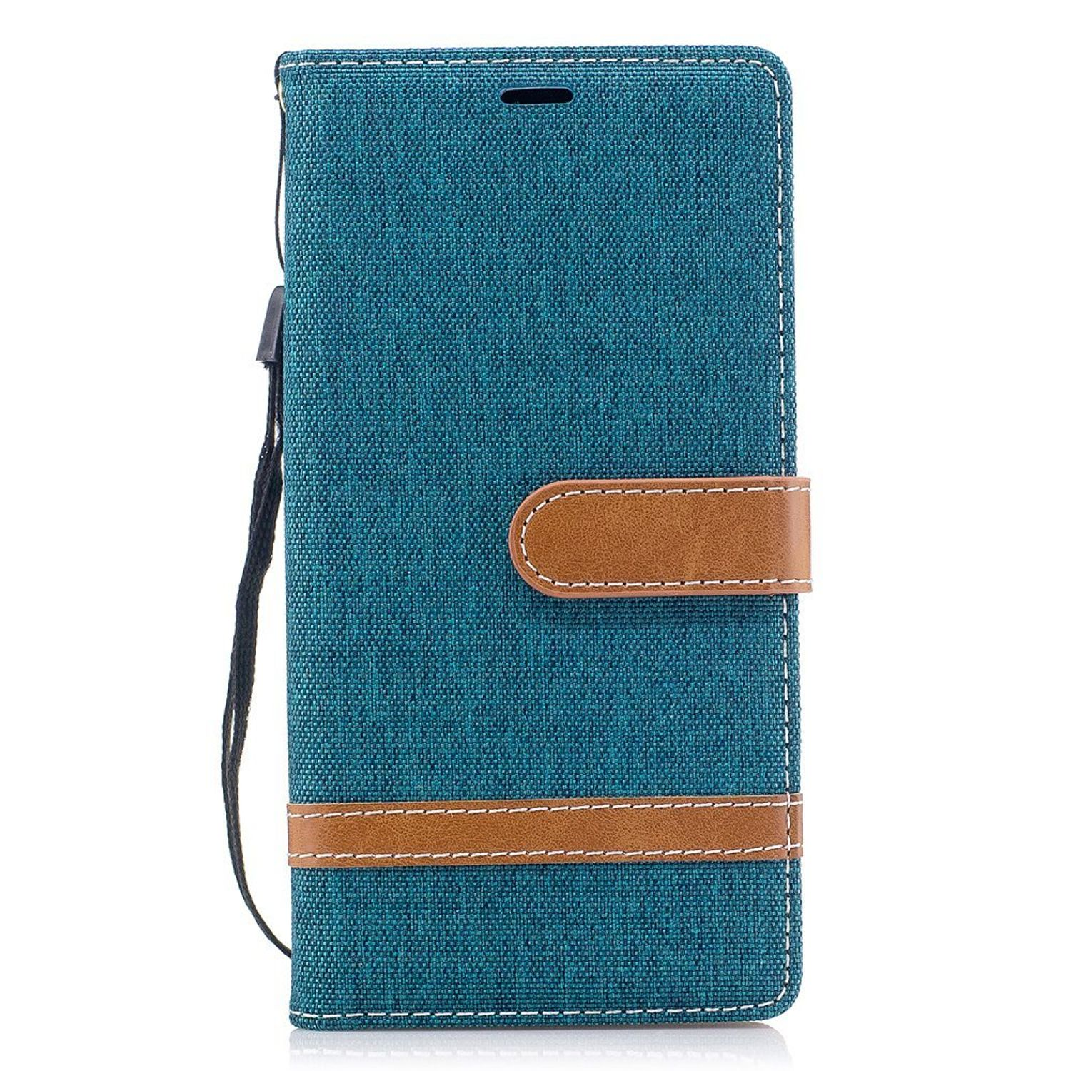 Eine teal-farbene Handyhülle mit einem braunen Lederriemen und Verschluss. Das Telefon ist nicht sichtbar.