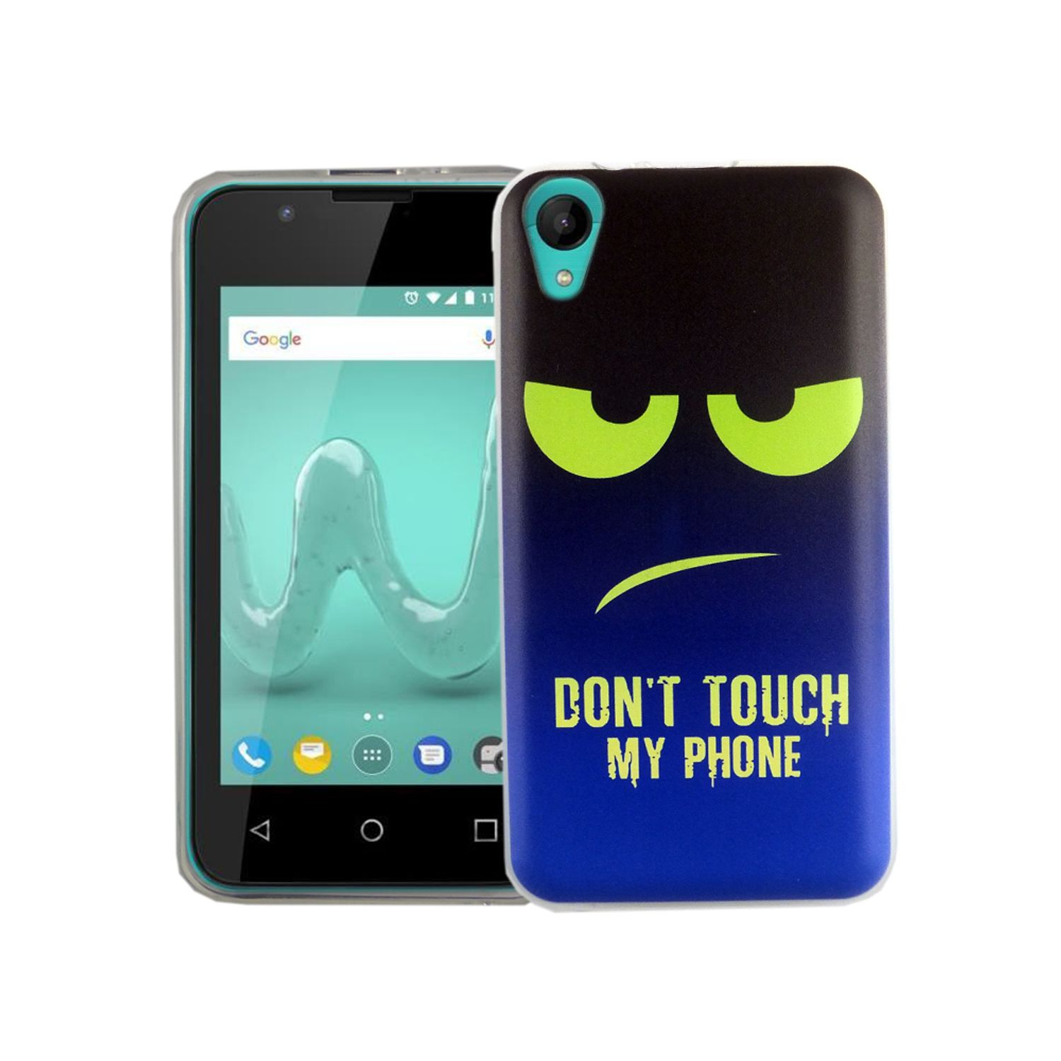 Handyhülle mit dem Schriftzug „DON'T TOUCH MY PHONE“. Der Hintergrund ist blau.
