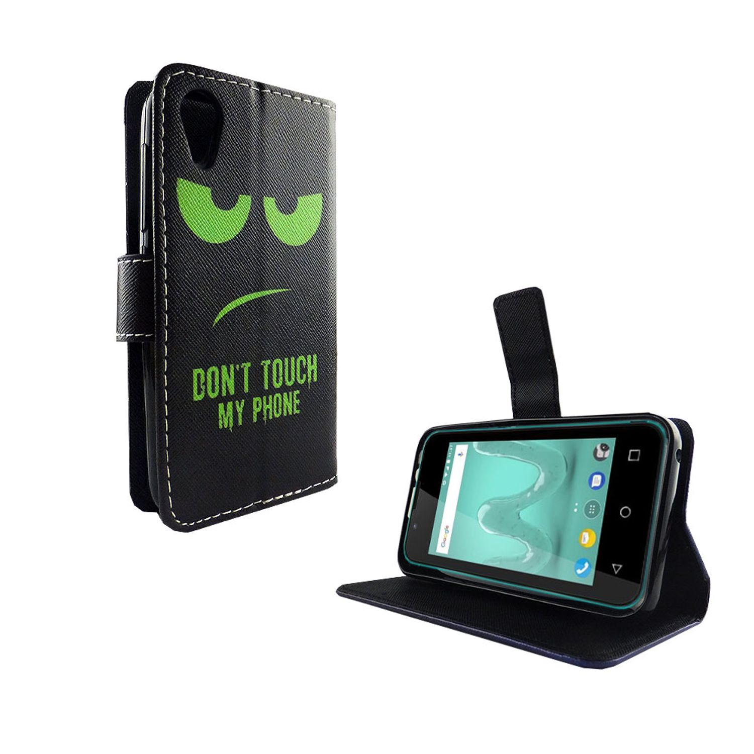 Schwarze Handyhülle mit grünen Augen und Text 'DON'T TOUCH MY PHONE'. Telefon ist drin.
