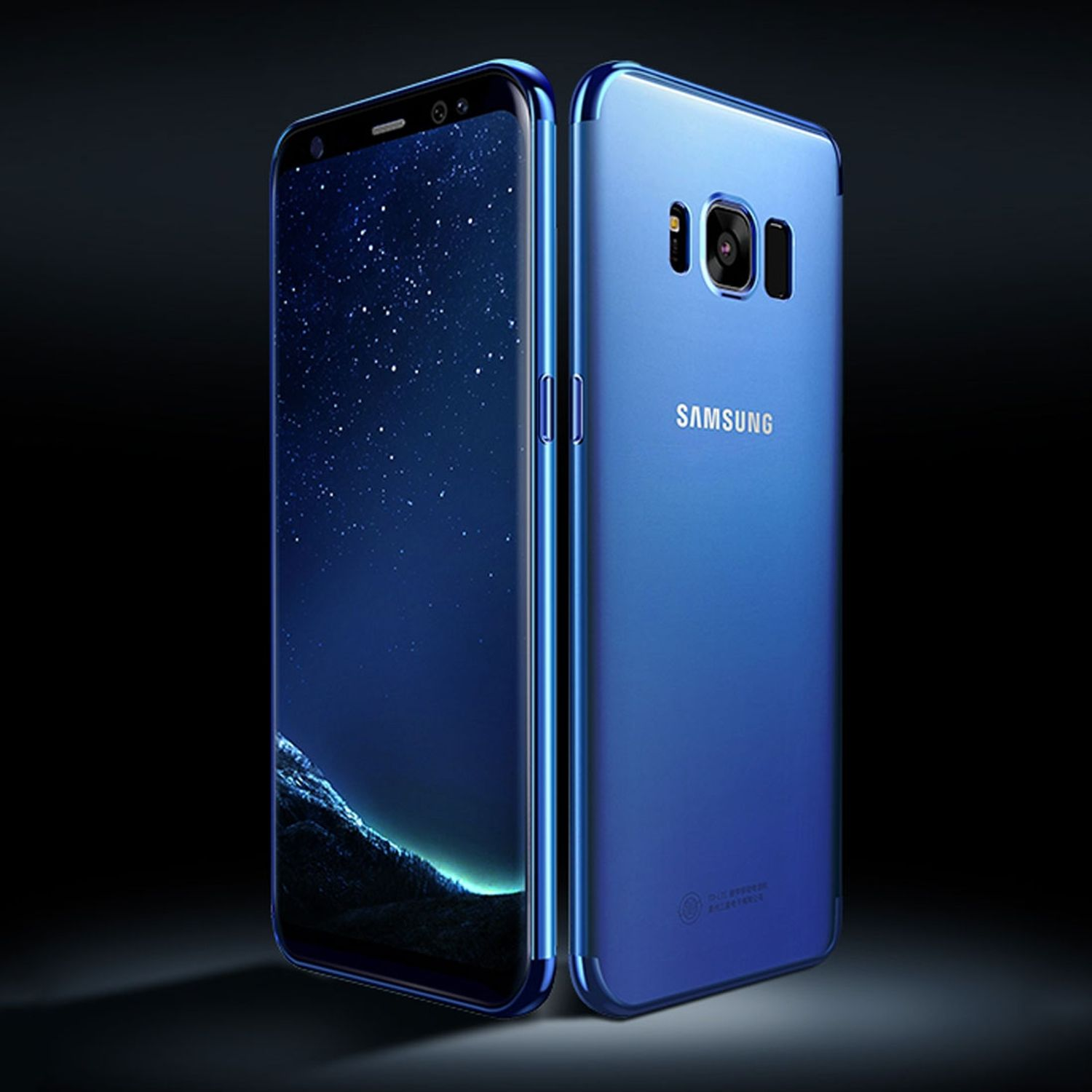 Zwei blaue Samsung-Telefone, eines mit Bildschirm, das andere mit Rückseite.