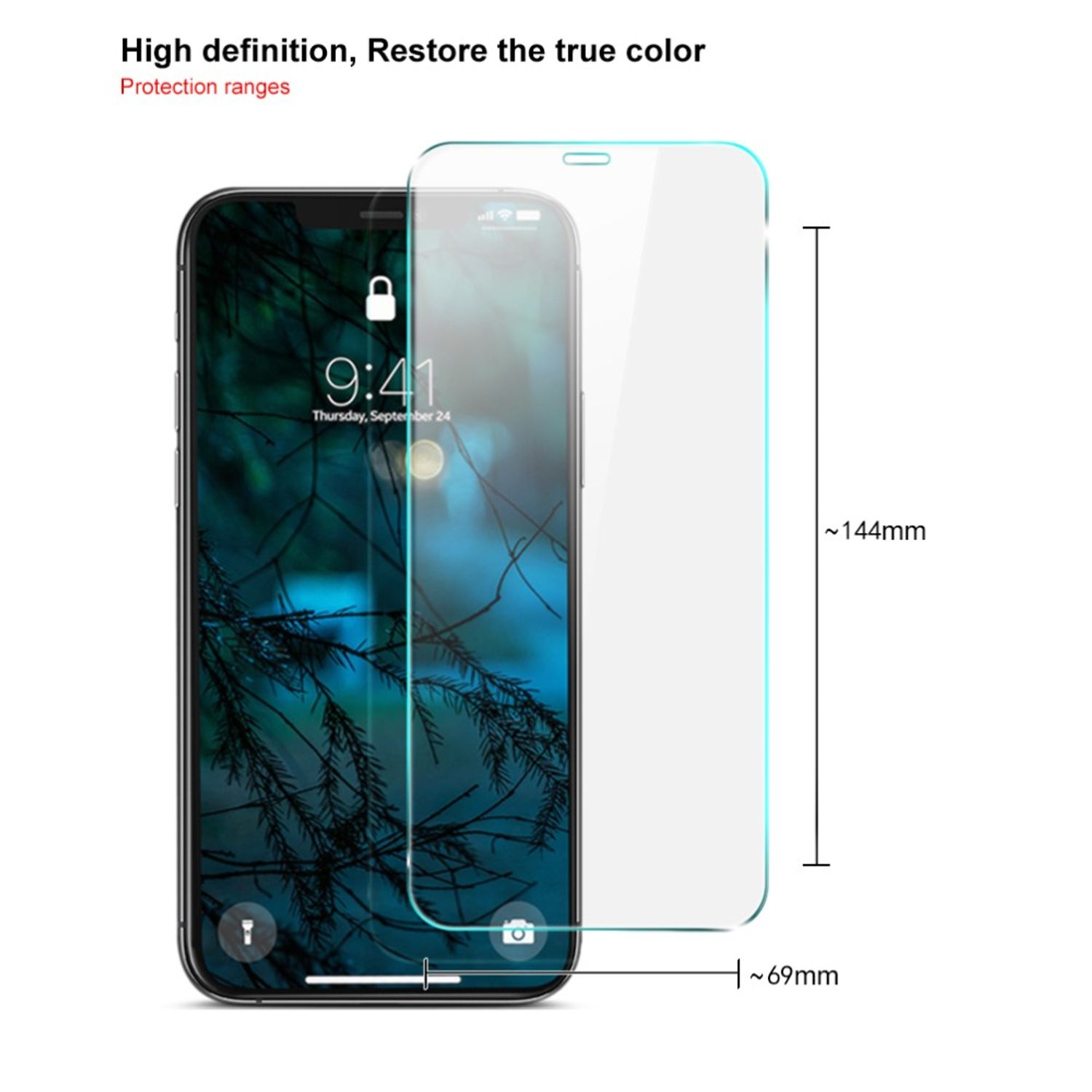 Telefonbildschirm mit Schutzglas und Abmessungen. Telefon zeigt Uhrzeit.