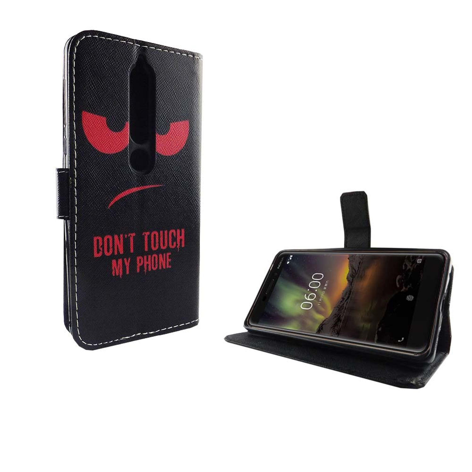 Schwarze Handyhülle mit grimmigem Gesicht. Text: „Don't touch my phone.“ Das Telefon zeigt 06:00 Uhr.
