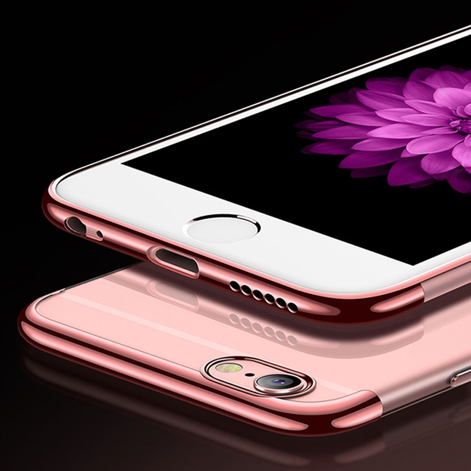 Eine pinkfarbene Handyhülle mit einem Telefon darin. Das Telefon ist weiß mit pinkfarbener Hülle. Schwarzer Hintergrund.