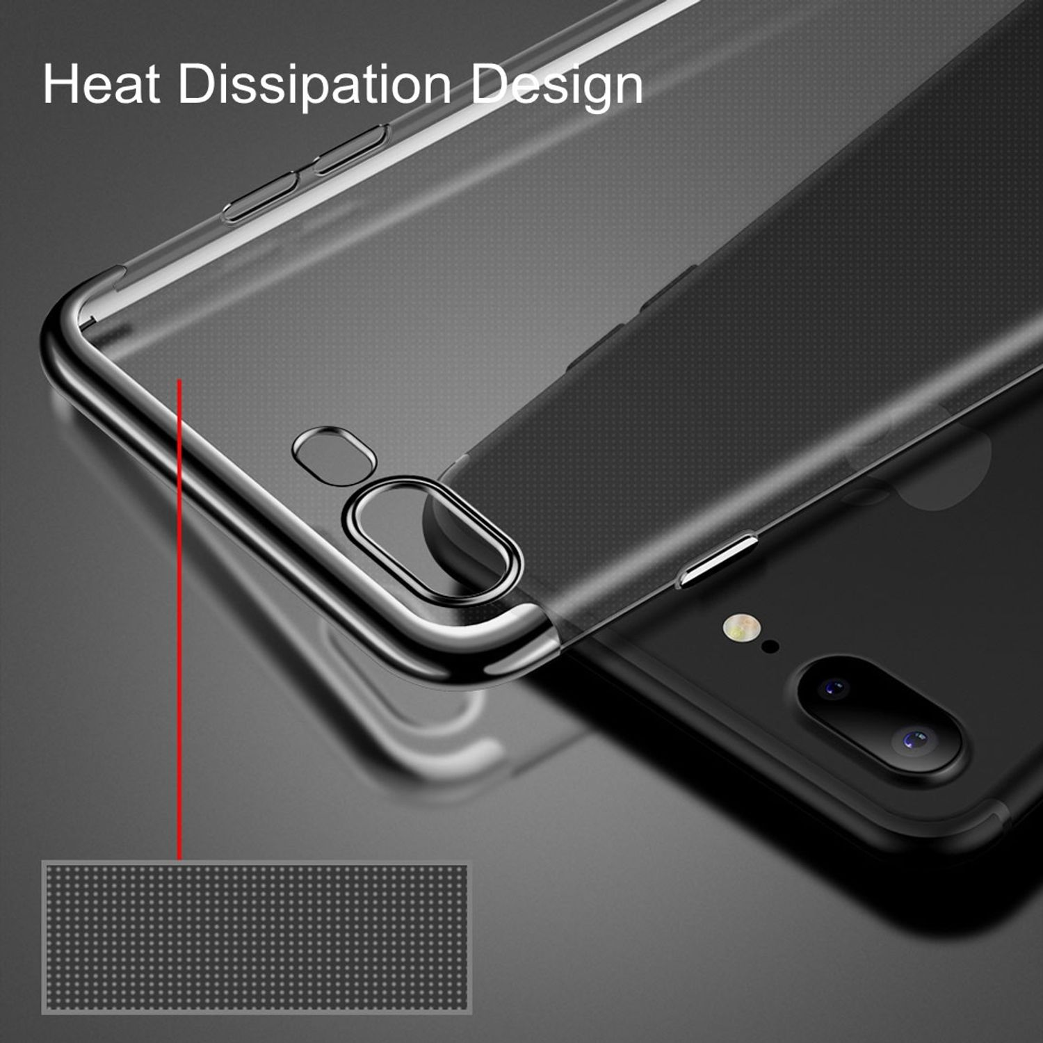 Telefon mit Hülle, Nahaufnahme der Hülle, die das Wärmeableitungsdesign zeigt.
