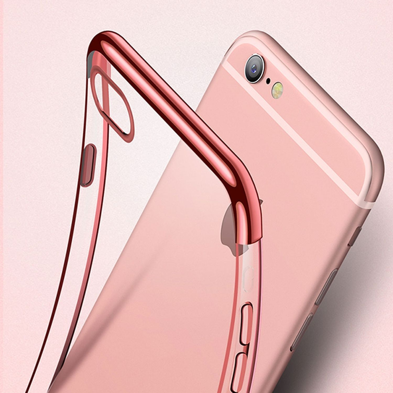 Handy mit roségoldener Hülle, Nahaufnahme, weißer Hintergrund.