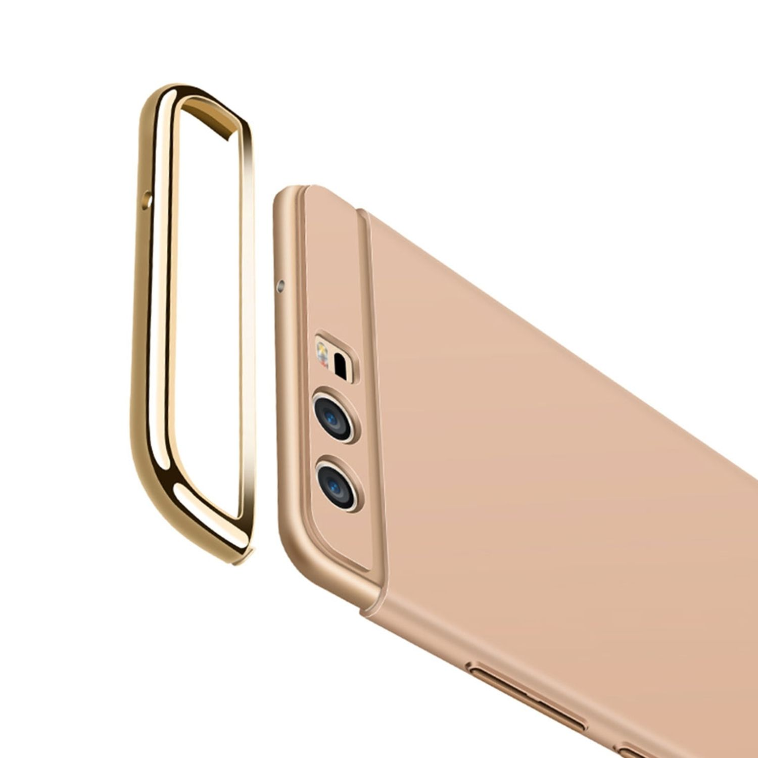 Goldener Handyhüllenrahmen und Telefonrückseite. Kamera und weißer Hintergrund.