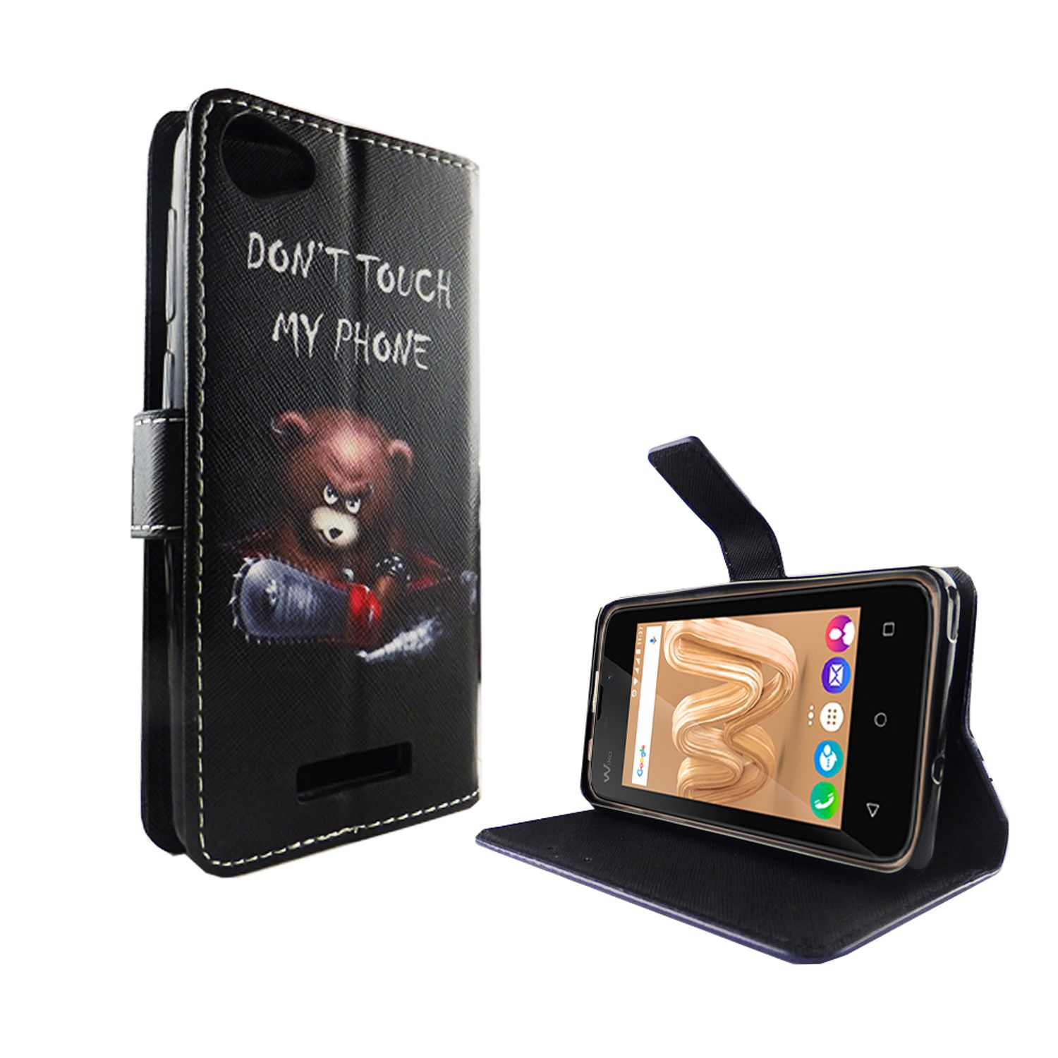 Schwarzes Smartphone in einer Hülle mit Bärenbild und Text: "DON'T TOUCH MY PHONE".