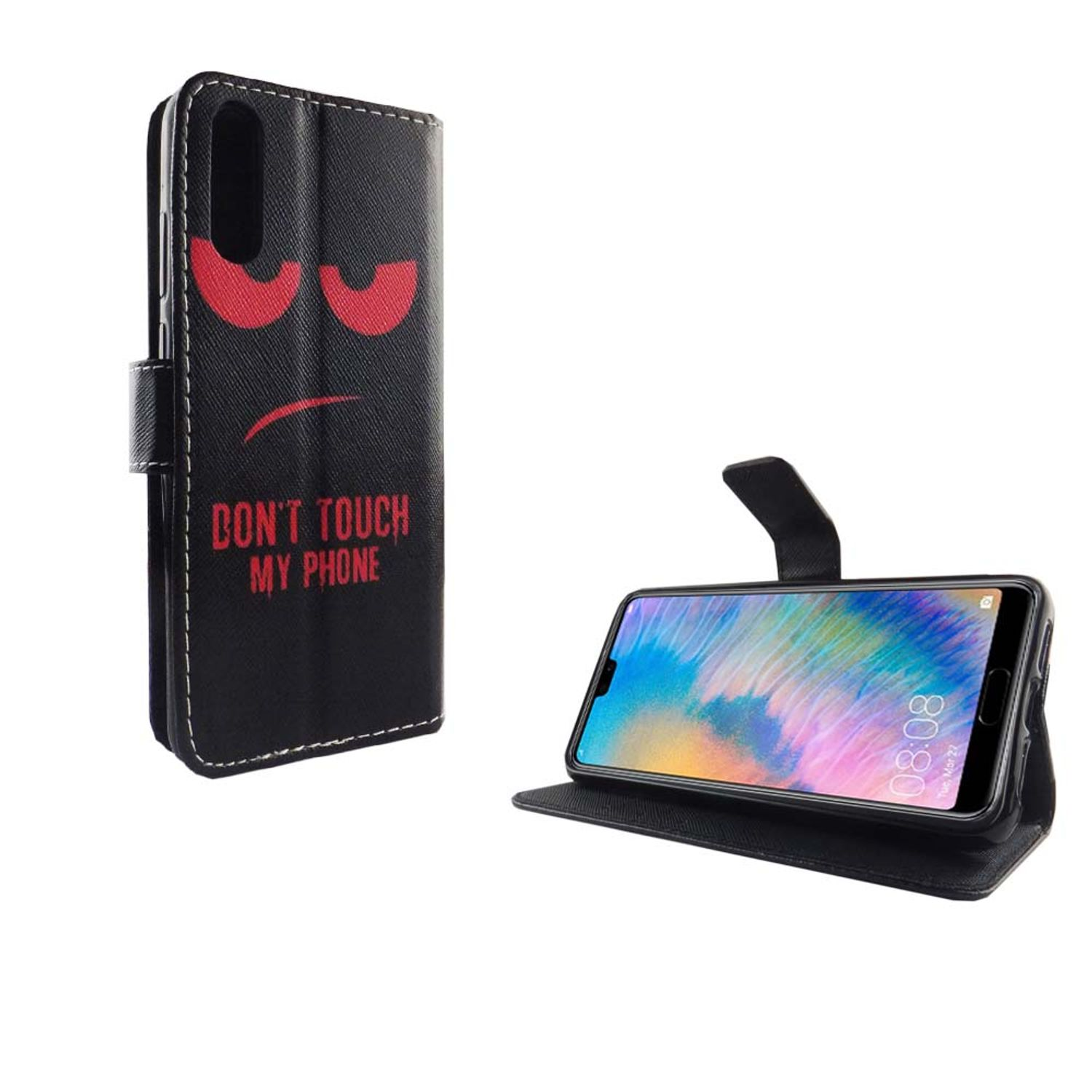 Schwarze Handyhülle mit roten Augen und dem Text "DON'T TOUCH MY PHONE". Telefon wird angezeigt.