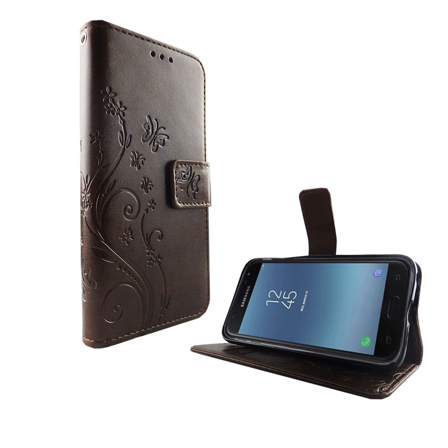 Eine braune Leder-Handyhülle mit Telefon und Blumenmuster.