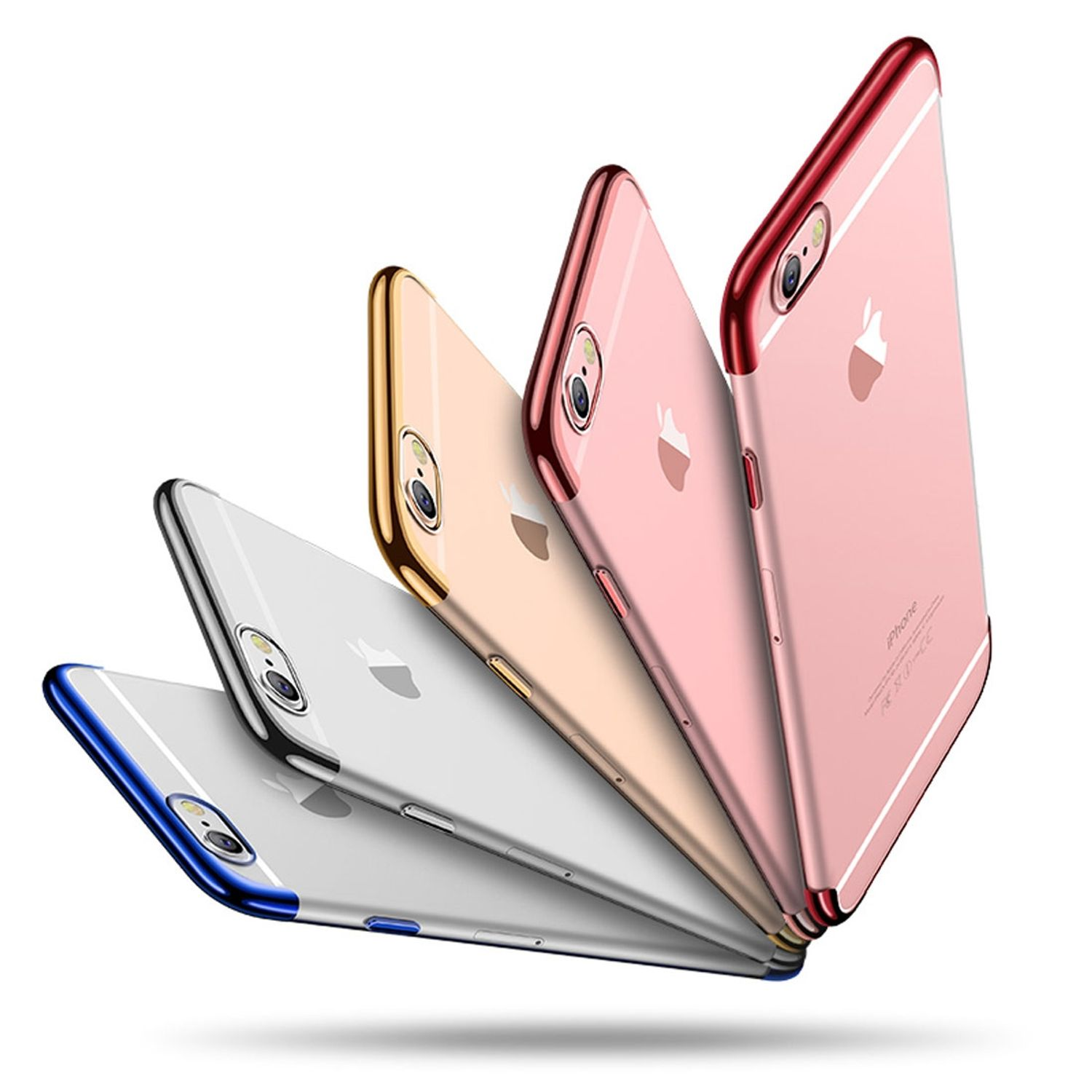 Verschiedenfarbige Handyhüllen in einer Reihe. Blau, Silber, Gold, Rosa und Rot. Weißer Hintergrund.
