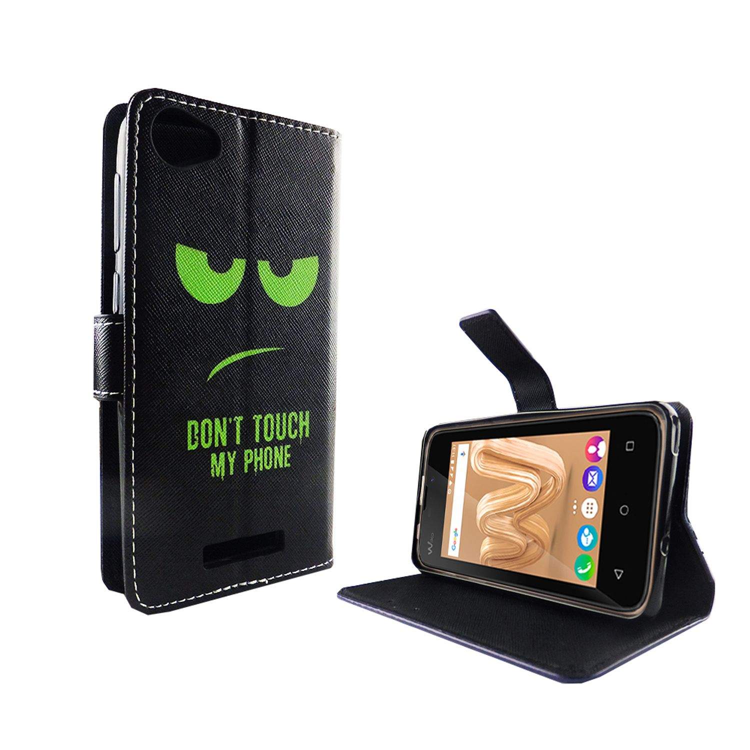 Schwarze Handyhülle mit grünem Gesicht und Text, mit offenem Telefon davor.