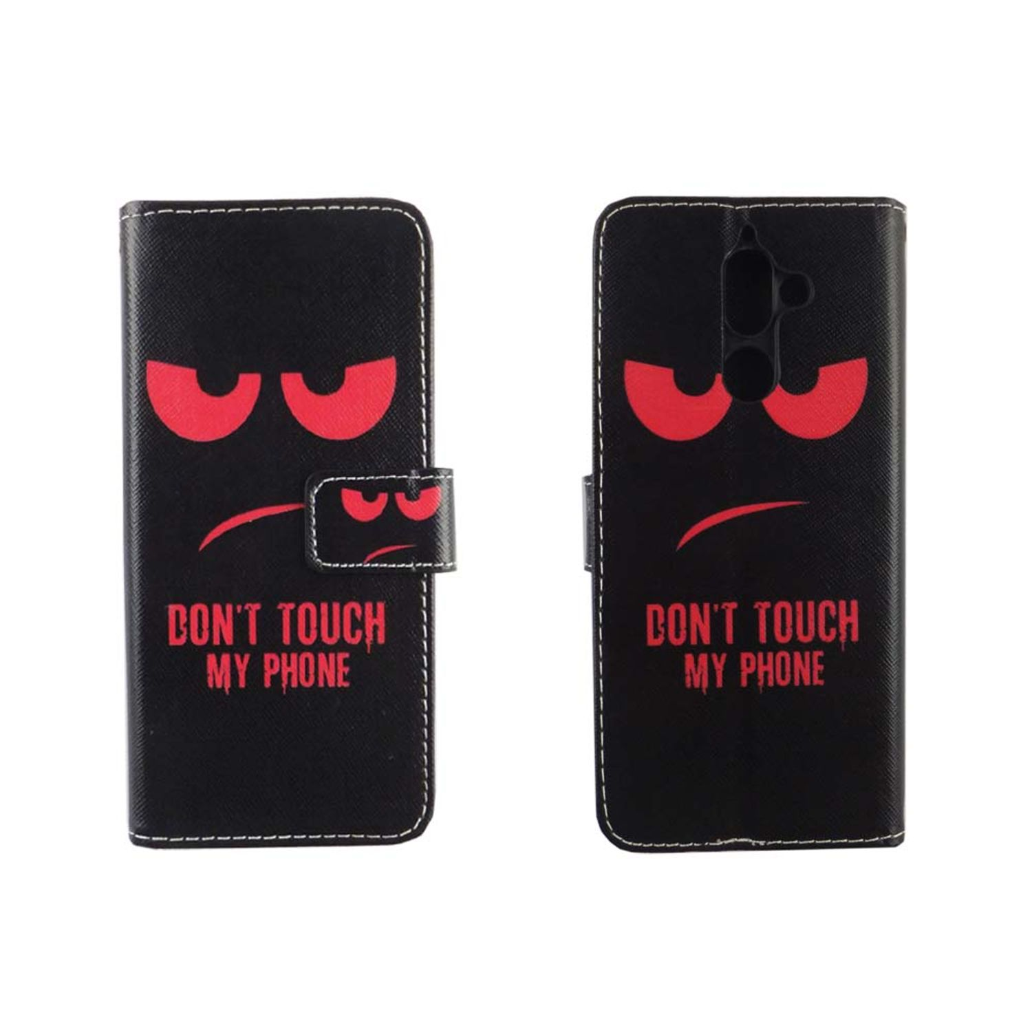 Schwarze Handyhülle mit wütenden Augen und dem Text 'DON'T TOUCH MY PHONE' auf weißer Oberfläche.