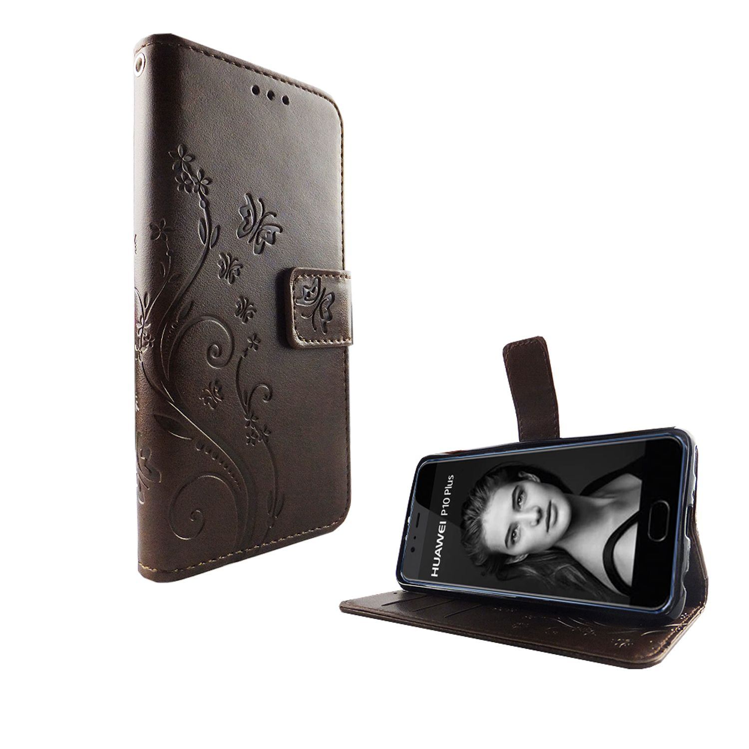 Eine braune Handyhülle mit geprägtem Blumendesign und einem Telefon mit dem Bild einer Frau.
