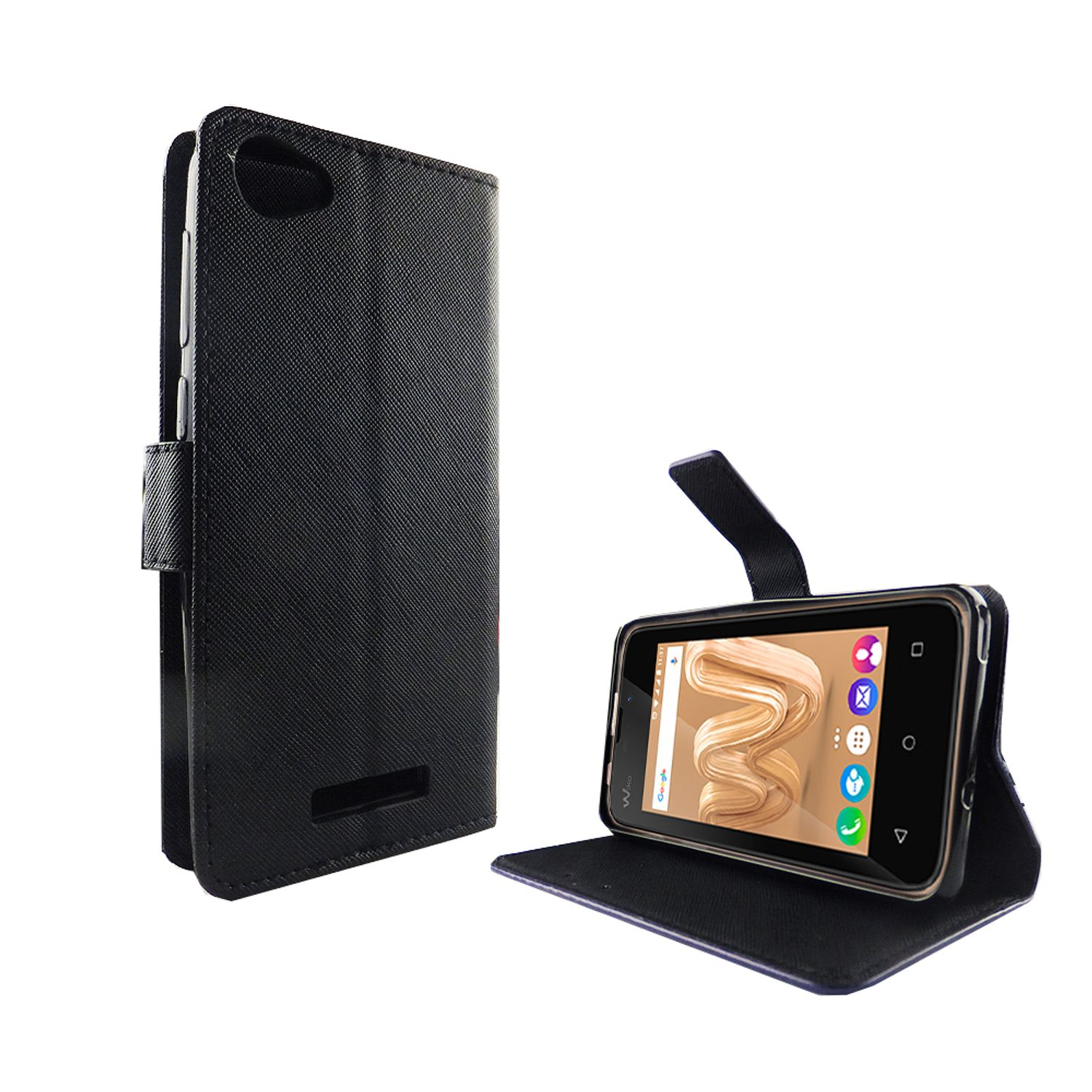 Schwarze Handyhülle mit Telefon im Inneren. Das Telefon ist geöffnet. Die Hülle hat einen Magnetverschluss.