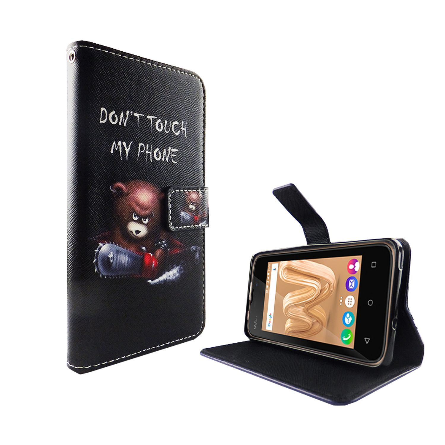 Ein Telefon in einer schwarzen Hülle mit Bären-Design. Die Hülle ist geöffnet.