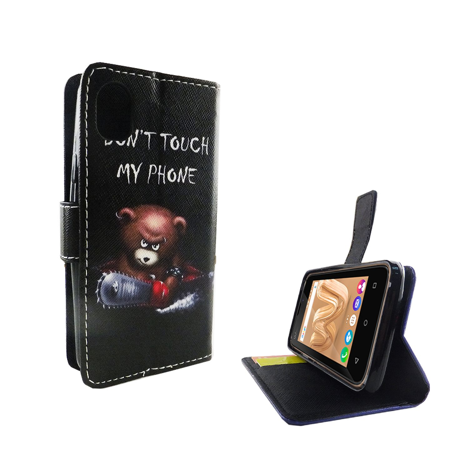 Schwarze Handyhülle mit Cartoon-Bär mit Kettensäge. Text: „DON'T TOUCH MY PHONE“.